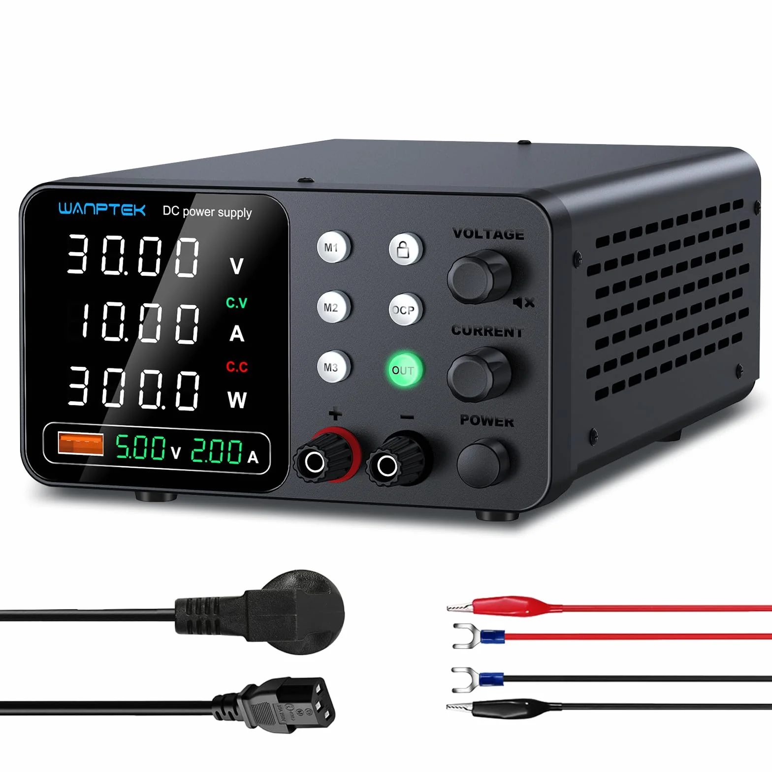 Fuente Alimentacion Regulable, Fuente Laboratorio 30V 10A Ajustable con 3 Memorias y Llave de Bloqueo, Protección OCP/Salidas/Carga Rápida USB con Pantalla