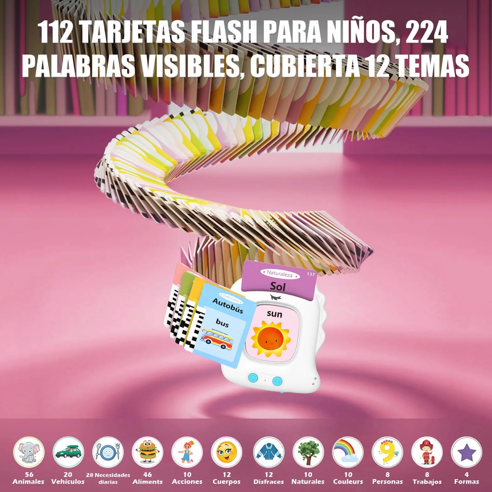 Tarjetas Flash Parlantes Juguetes Educativos para Niños 2+ Años 112 Hojas 224 Palabras Bilingüe Español Inglés (Blanco)