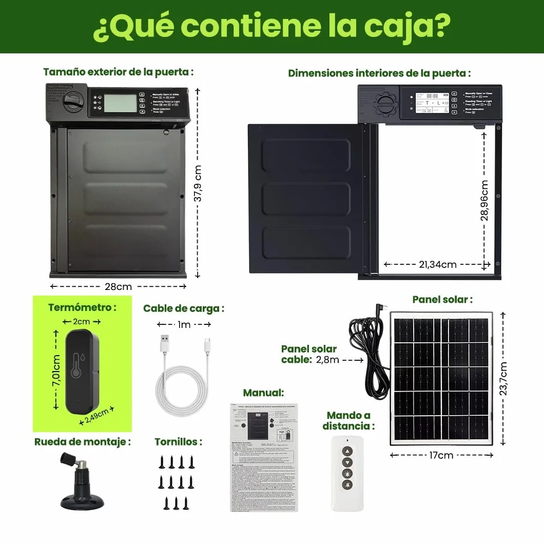 Puerta gallinero automatica Solar con batería 5000 mAh, Mando a Distancia, Aluminio Resistente, 7 Modos Apertura, Impermeable IP45, Alarma integrada y termómetro/higrómetro Conectado