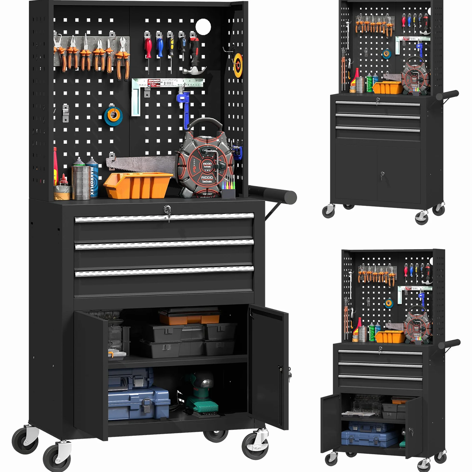 HOMCOM Carro de Herramientas con 3 Cajones y Tabla de Pegboard, Carro de Taller, Cerradura por Llave, Estante Ajustable, 2 Ruedas con Freno de Bloqueo, Negro