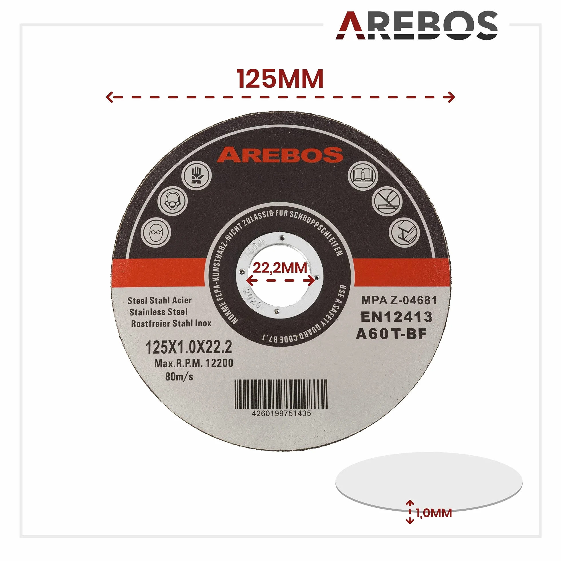 Arebos Discos de corte 400 piezas | Ø 125mm x 1mm x 22,2mm | apto para acero, acero inoxidable, inox, hierro, chapa, metal | avance y retroceso | certificado EN 12413 | (MPA)