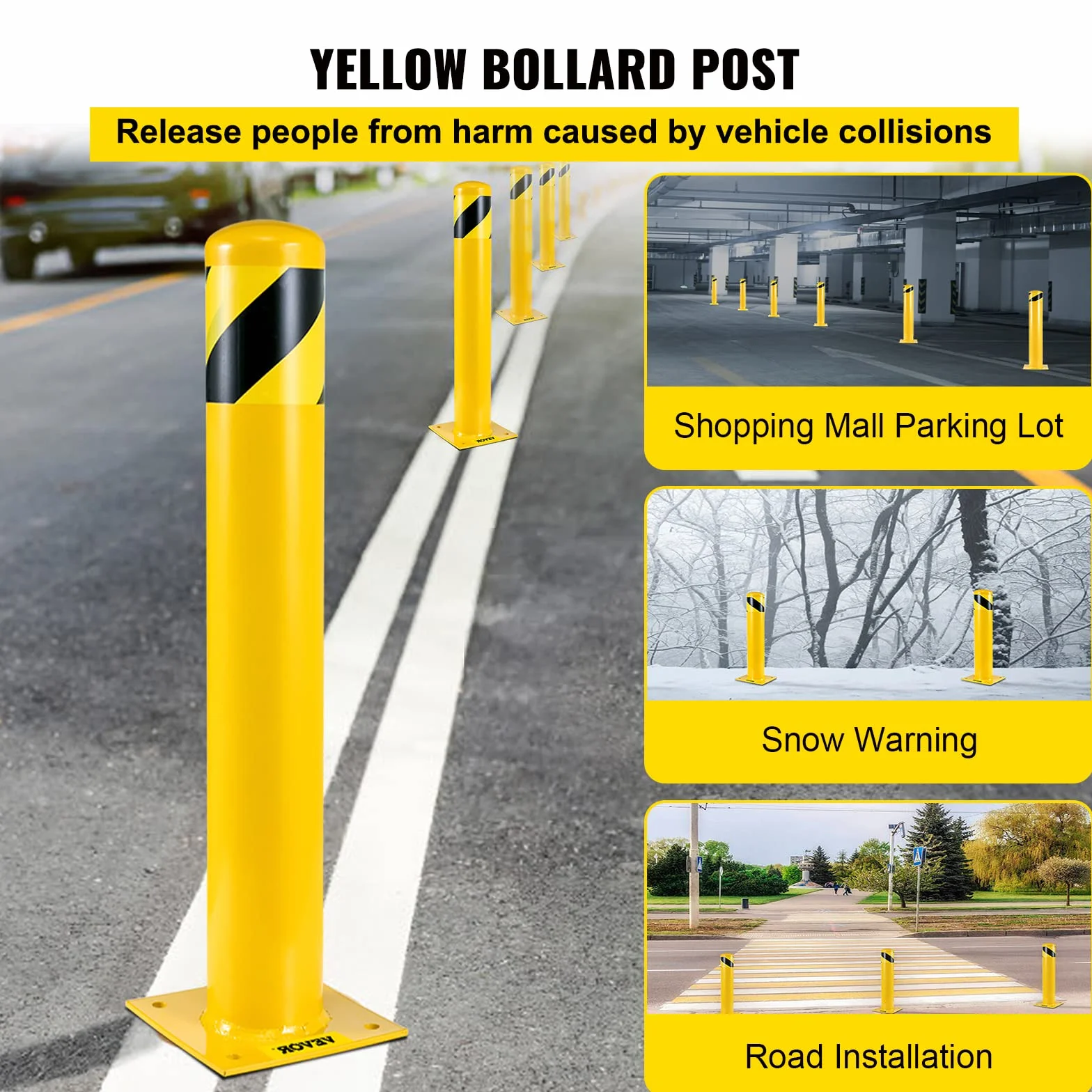 VEVOR Bolardo de Seguridad 107x14 cm 2 Piezas Bolardo de Seguridad de Tubo de Acero Recubrimiento de Polvo Amarillo Barrera de Seguridad con 8 Pernos de Anclaje para Aparcamiento, Peatones, Escuelas