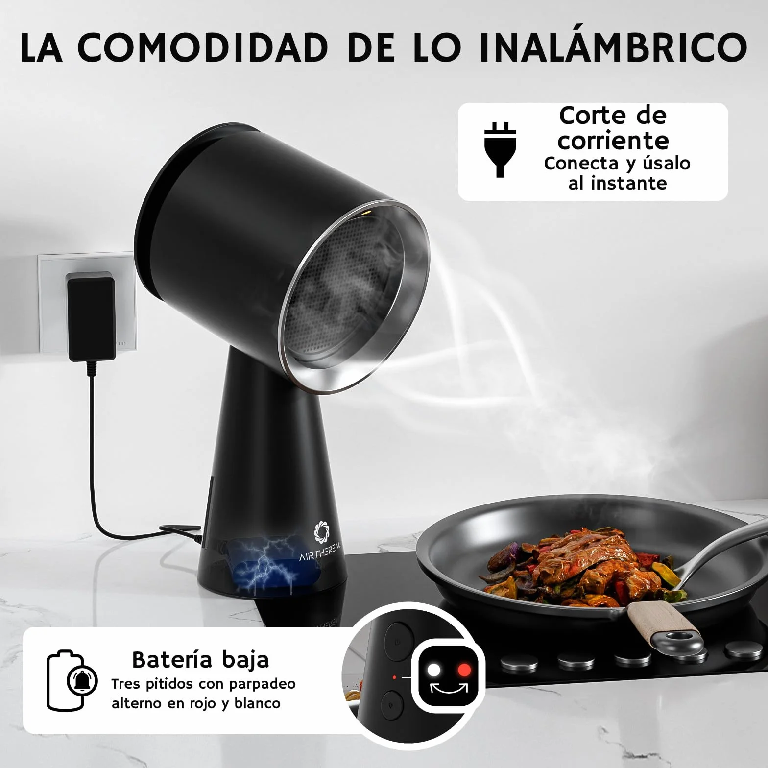 Campana extractora portátil recargable Airthereal RH180B negro 3 velocidades gran depósito recogeaceite