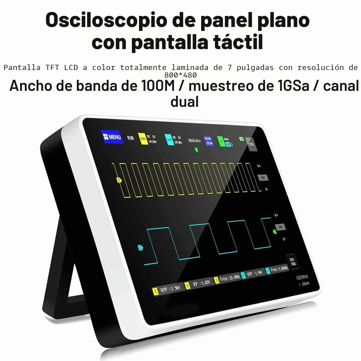 Osciloscopio Digital de Tableta de 2 Canales, WapoRich Osciloscopio Portátil con Sonda de Alto Voltaje 100X, Ancho de Banda de 100MHz, Memoria de 1 GB