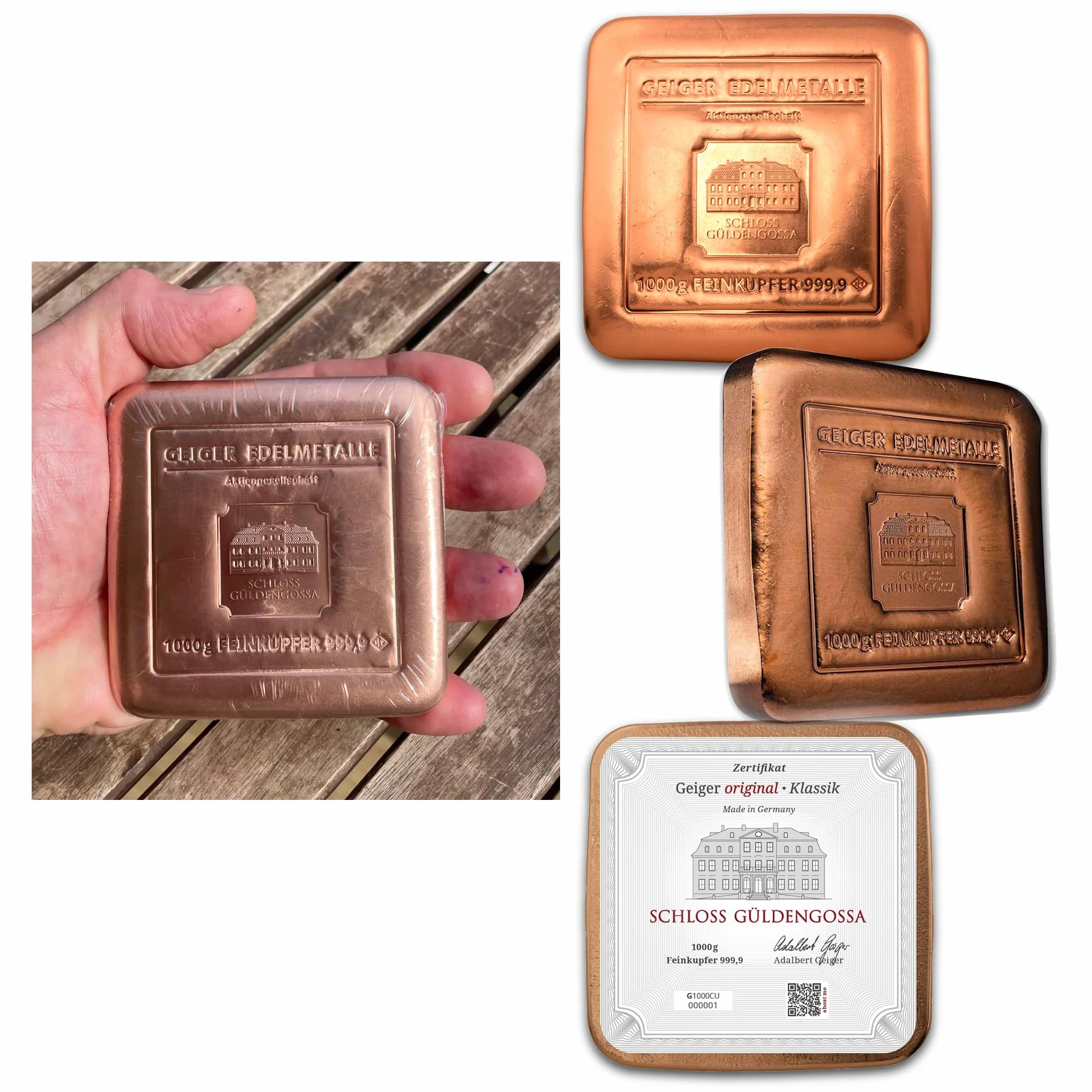 Lingote de cobre de 1 kilogramos de refinería de metales precisosos Geiger Edelmetalle (Alemania))