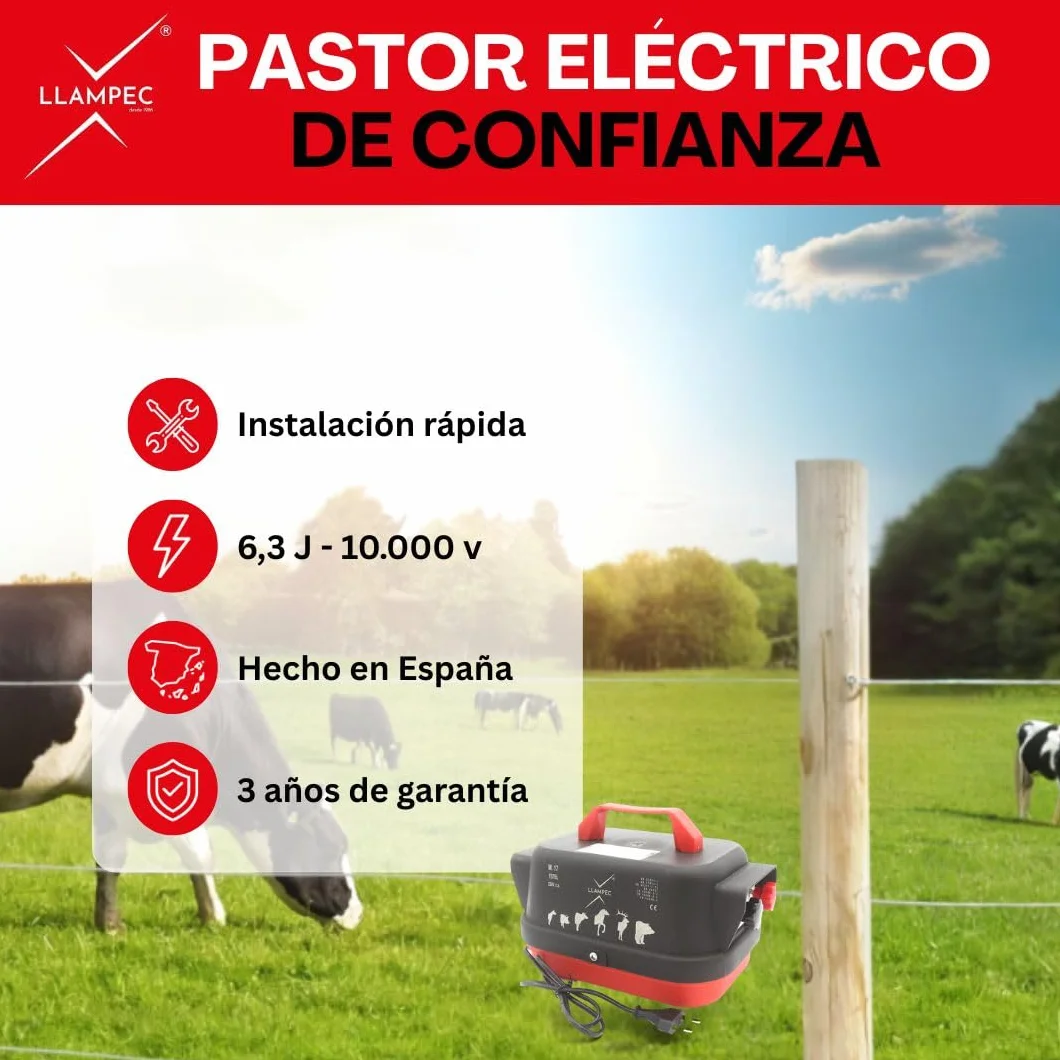 Pastor eléctrico Llampec Mod.17 “Estel” con conexión a red 230V – 6,3 J, 10.000 V y 75 km de alcance – Ideal para ganado equino, vacuno, porcino, ovino y animales salvajes – Fabricado en España
