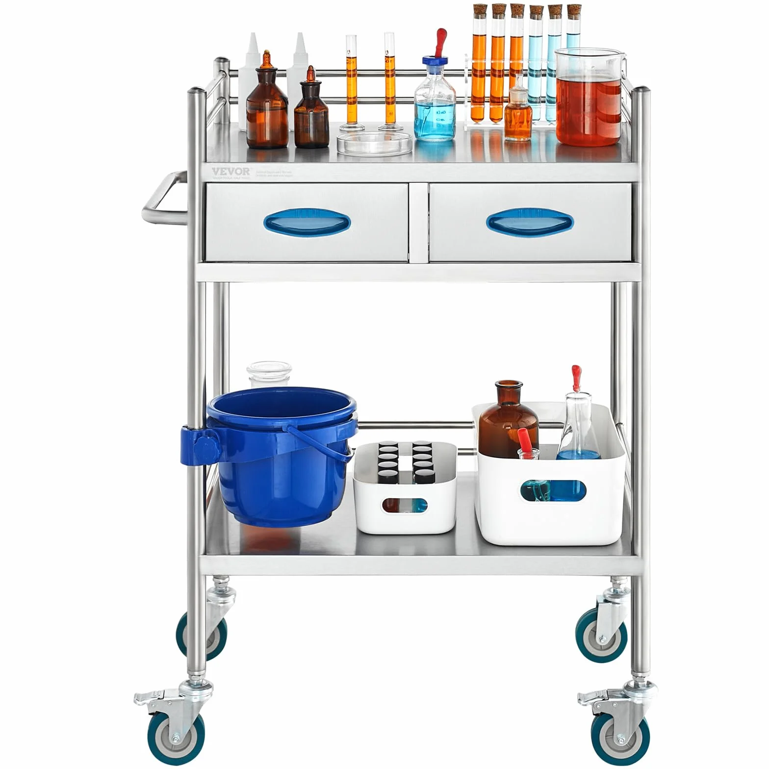 VEVOR Carro de Laboratorio de Acero Inoxidable, Carro Médico 2 Capas 2 Cajones, Carga 100 kg