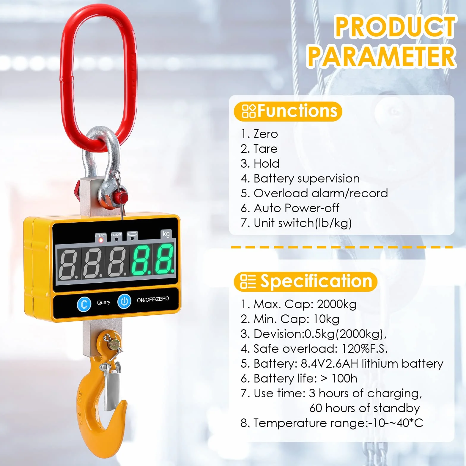 Bascula de Grúa Digital 2T, Bascula Industrial Pantalla LED Báscula Colgante Industrial de Alta Precisión con Control Remoto para Maquinaria Industrial de Precisión Ganadera