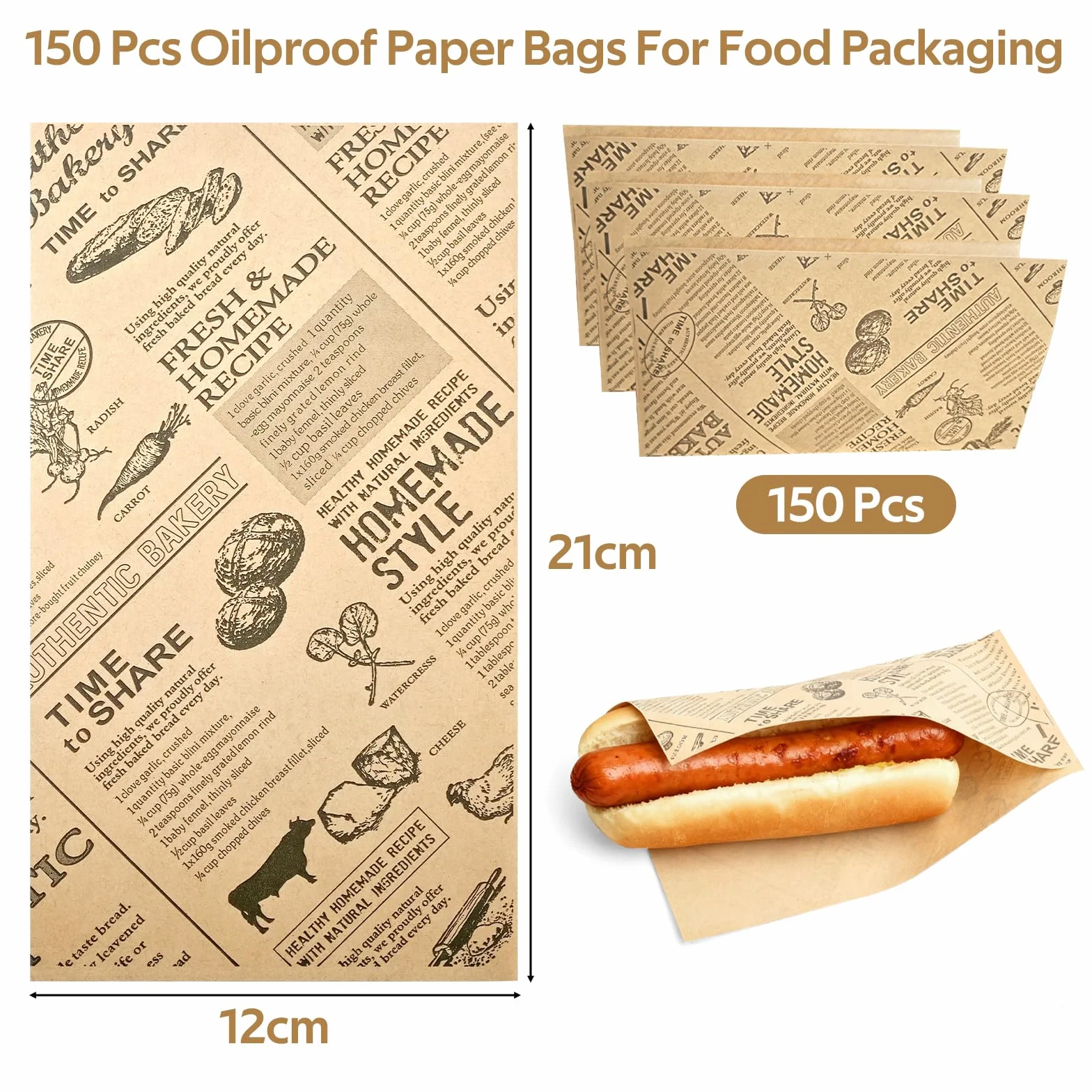 Bolsas de Papel Para Perrito Caliente, Resistentes al Aceite, Aptas para Hot Dogs, Carros de Comida (Marrón) - Mssushi