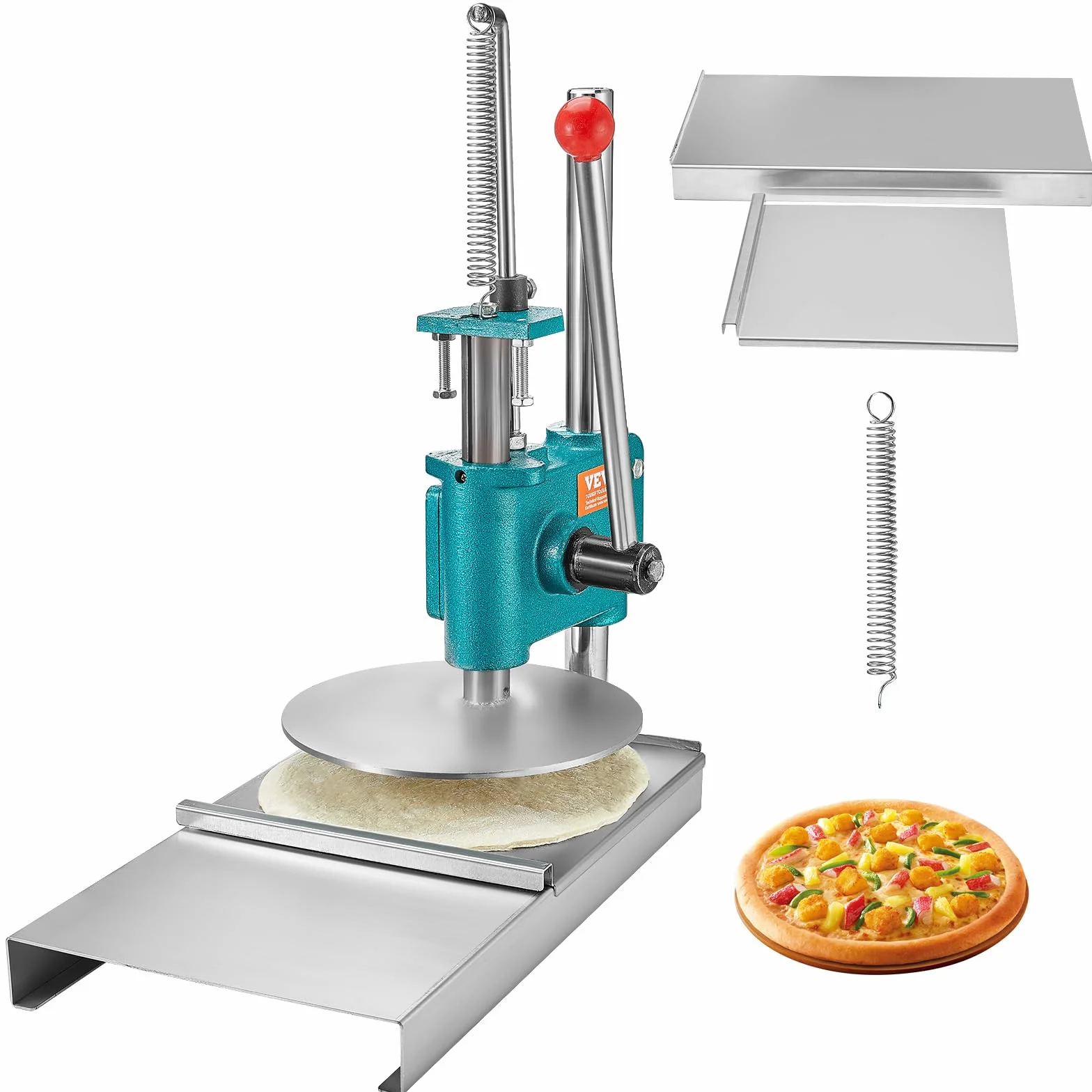 VEVOR Prensa de Pasta Máquina de Pizza Manual Diámetro de 24cm con Bandeja de Acero Inoxidable Formadora de Pizza Doméstica Altura Ajustable para Tartas Tortillas Panes Pizzerías Panaderías Cafeterías