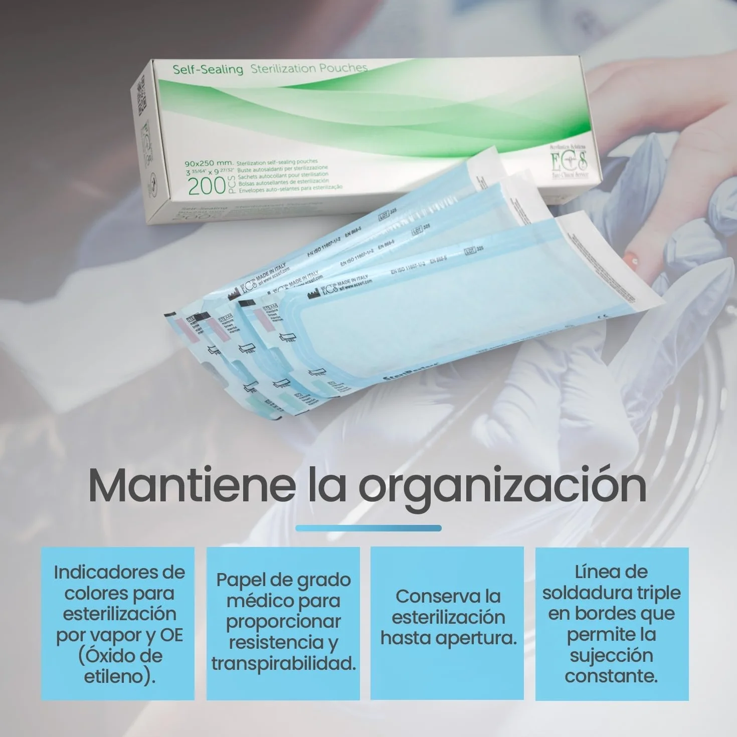 Bolsas de esterilizacion autoadhesivas 90x250mm PACK 200 para autoclave vapor dental manicura papel medico