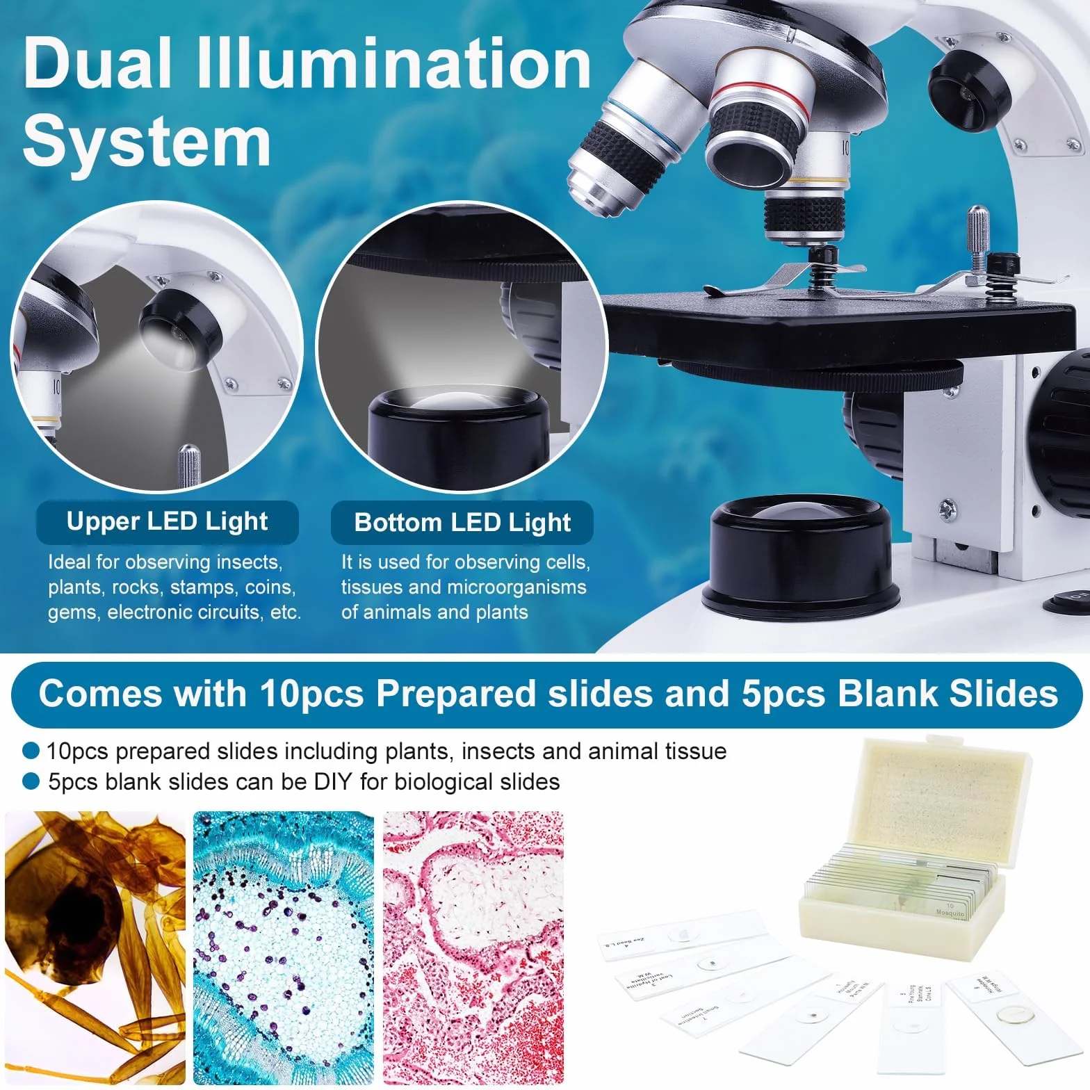Microscopio Binocular para Niños y Adultos - Juego de Microscopio Junior 40x-1000x - Iluminación LED para luz Transmitida y Reflejada