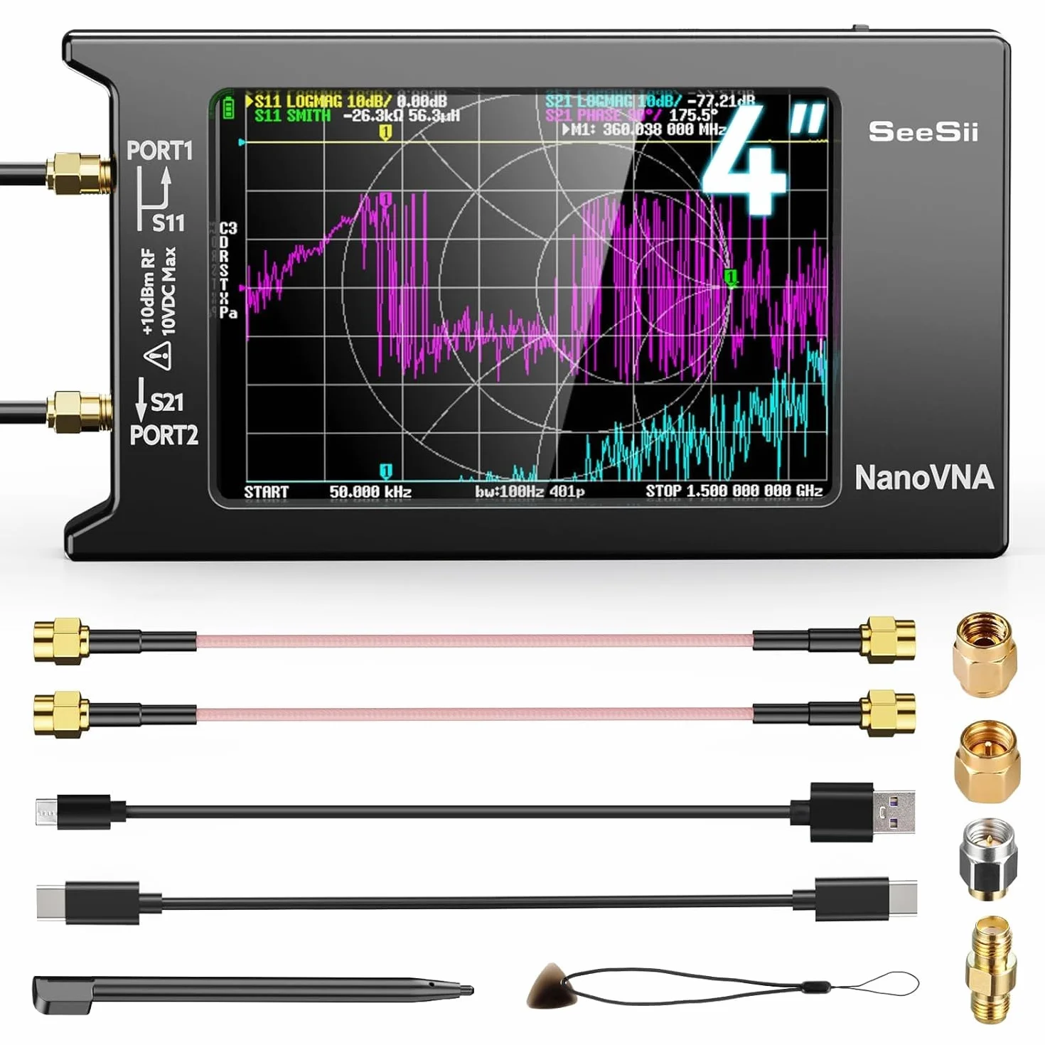 Seesii NanoVNA-H4 Analizador de Redes Vectorial - 4 Pulgadas Analizador de Antenas V4,4 9 kHz - 1,5 GHz HF VHF UHF con Pantalla Táctil para Parámetros S