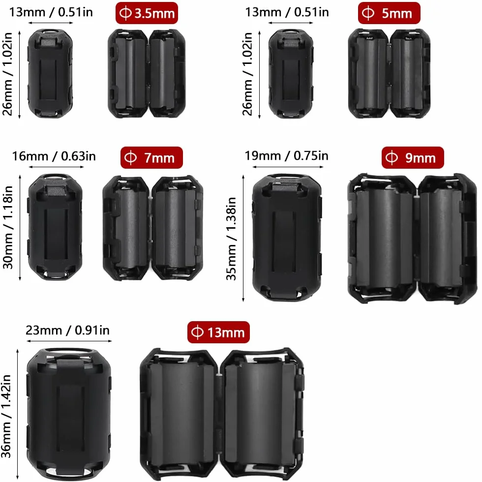 Núcleo de Ferrita Plegable Negro 40 Piezas para Cables de 3.5-13mm