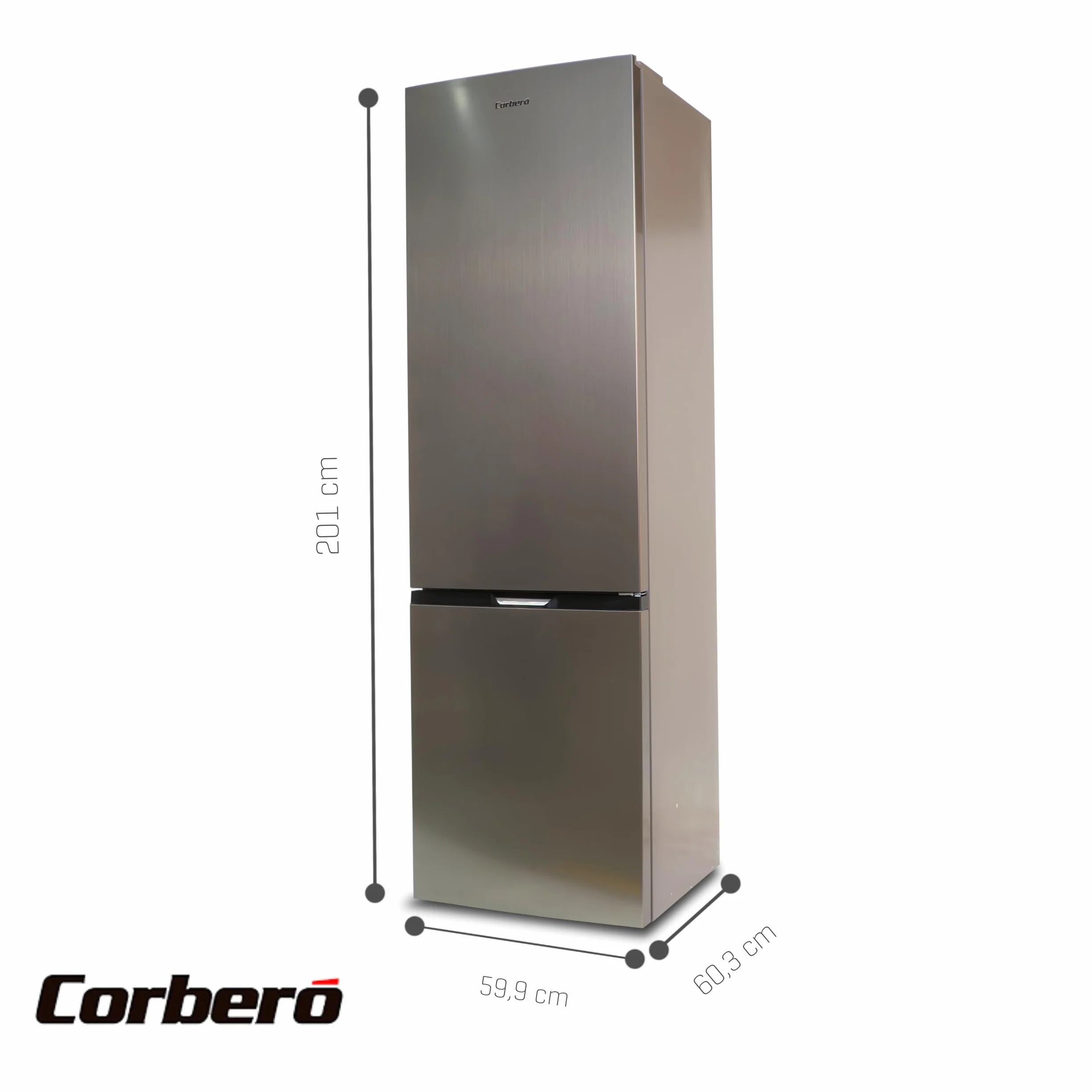 Corbero Frigorífico Combi No Frost 326L 201cm Luz LED Fresh Box Cajón Crisper Estantes Cristal Ajustables Inox