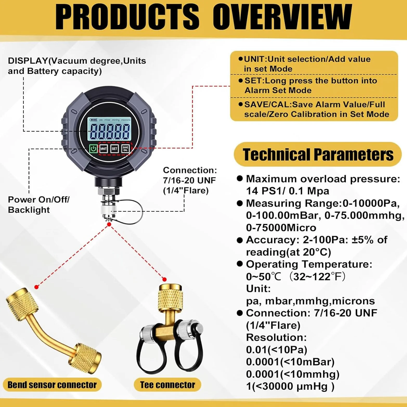 AMONIDA Medidor de Vacío Digital Medidor de Micrones HVAC con Monitoreo de Aplicación Compensación de Temperatura para Detección de Fugas en Sistemas de Vacío de Refrigeración HVAC