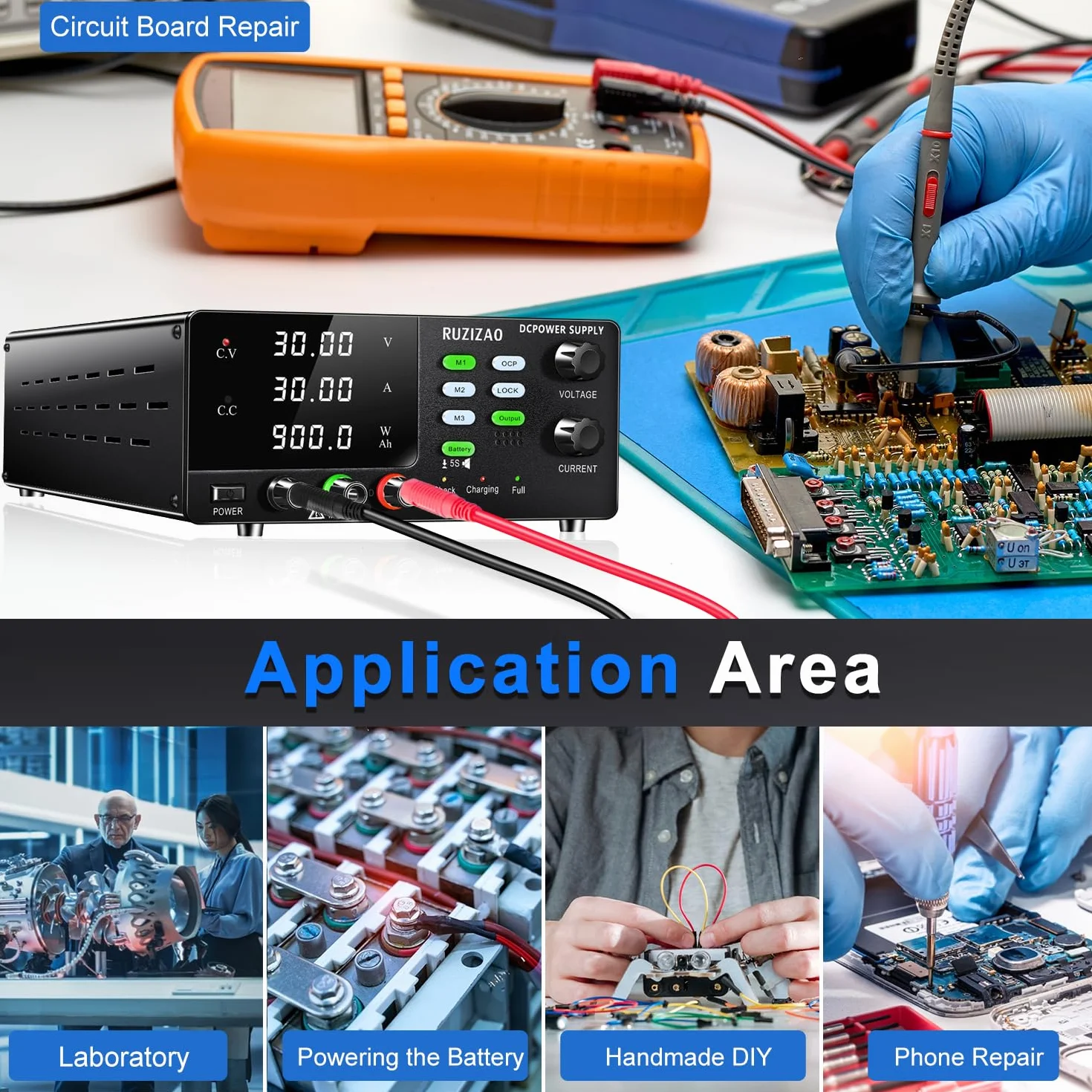 Fuente de alimentación de laboratorio (30 V, 30 A, 900 W, alta potencia, con botón codificador 6 V, 12 V, 24 V, para carga de batería/memoria almacenamiento función/función OCP