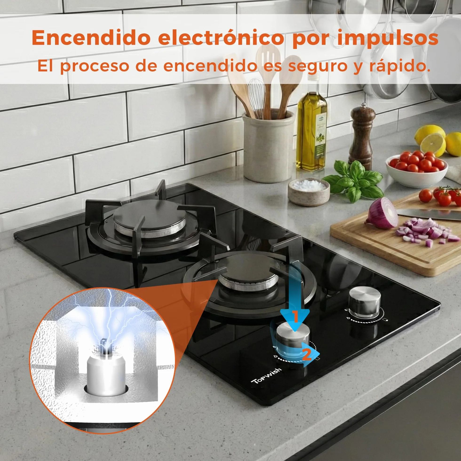 TOPWISH Placa de Gas Butano 2 Fuegos 4750W 30cm NG/LPG Convertible