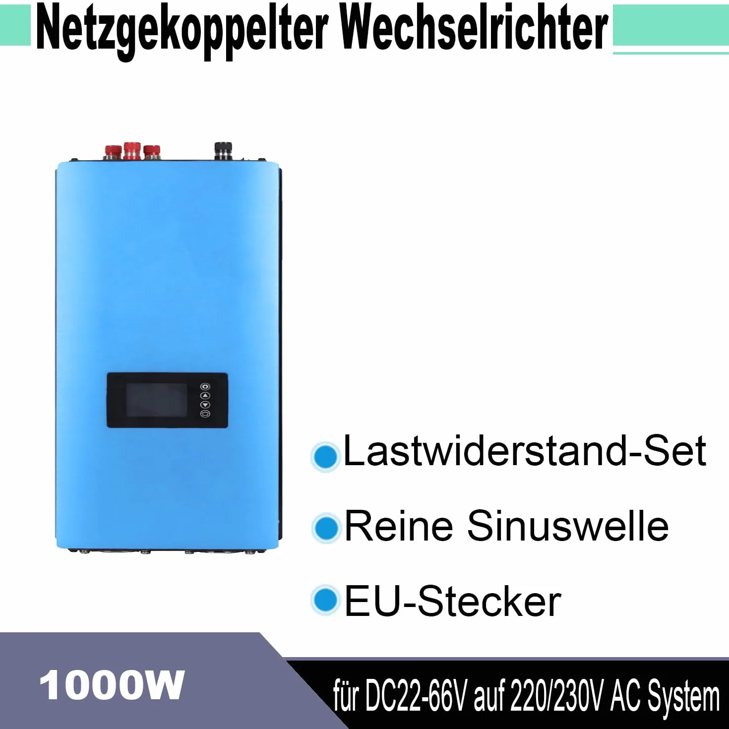 Inversor acoplado a red 1000 W CC 22-65 V a CA 230 V para turbinas eólicas con juego de resistencia de carga, onda sinusoidal pura, enchufe UE, con generadores eólicos de 24 V/48 V CA (1 kW)