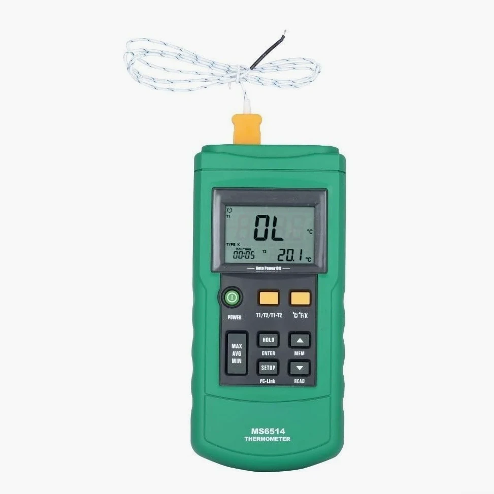 Registrador de datos de temperatura de doble canal habilitado por USB MS6514 para uso industrial y de laboratorio con registro manual/automático y pantalla LCD