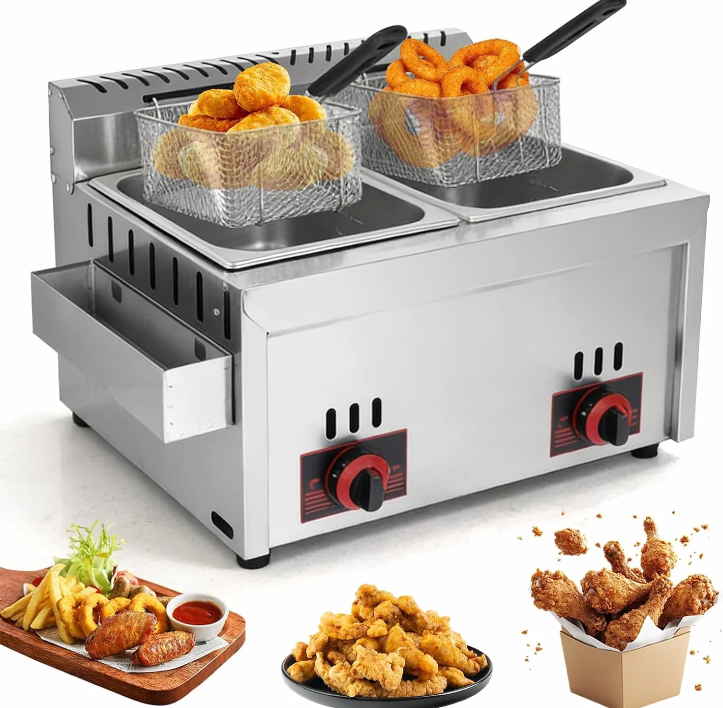 Freidora de Gas Comercial, Freidora Doble de Gas 6L+6L con 2 Cestas y 2 Tapas, Temperatura Ajustable, Calentamiento Rápido para Uso Comercial y Doméstico, Restaurantes y Bares de Aperitivos