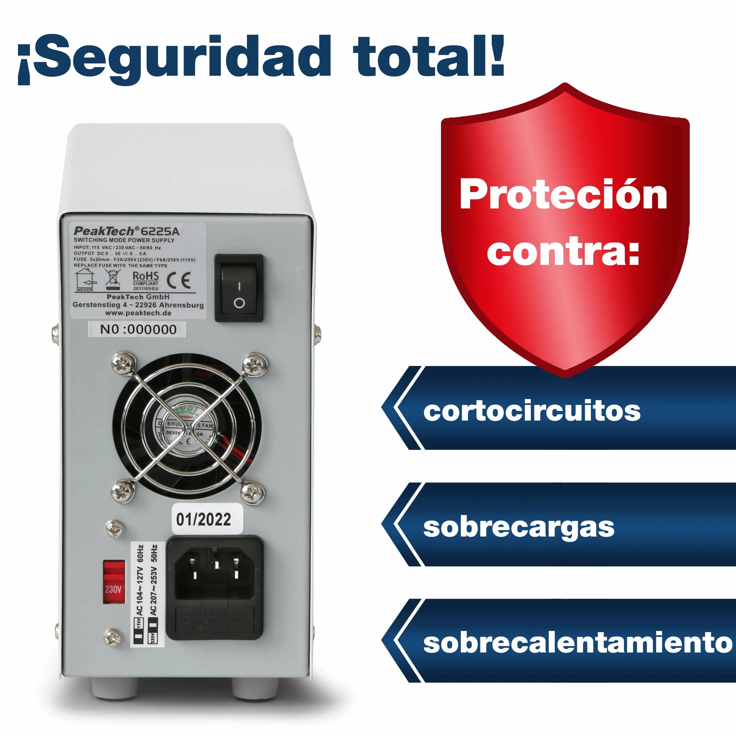 PeakTech 6225 A – Fuente de alimentación 0-30V / 0-5A, ajustable, DC con pantalla LED de 4 dígitos, conmutación estabilizada, amperímetro, sobrecarga y prueba de cortocircuito, diseño estrecho
