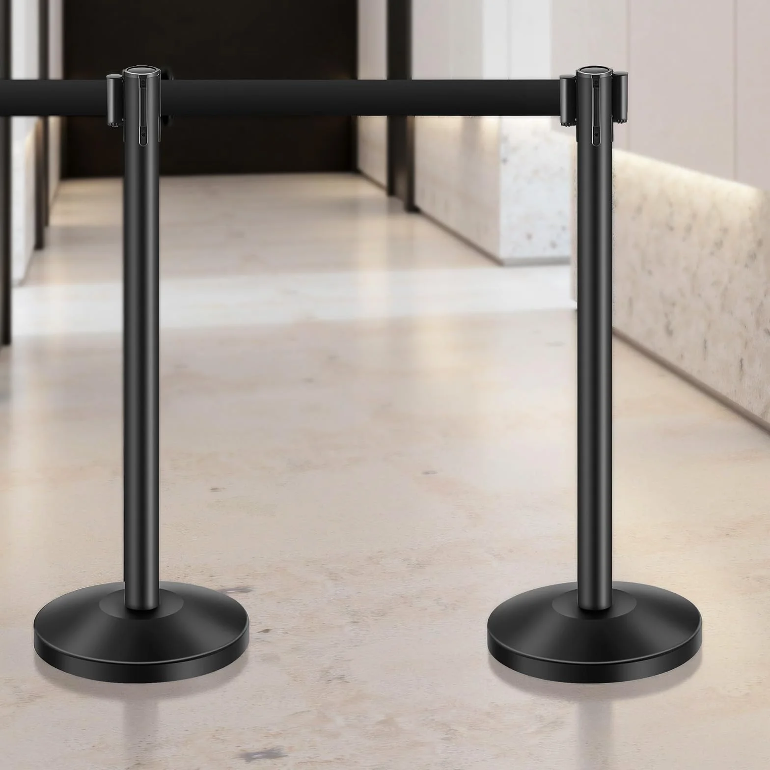 VEVOR 6 PCS Poste de Estaca de Acero al Carbono 2 m con Base Hueca de Inyección de Arena y Cinturones Retráctiles Negros, Barreras de Control de Multitudes