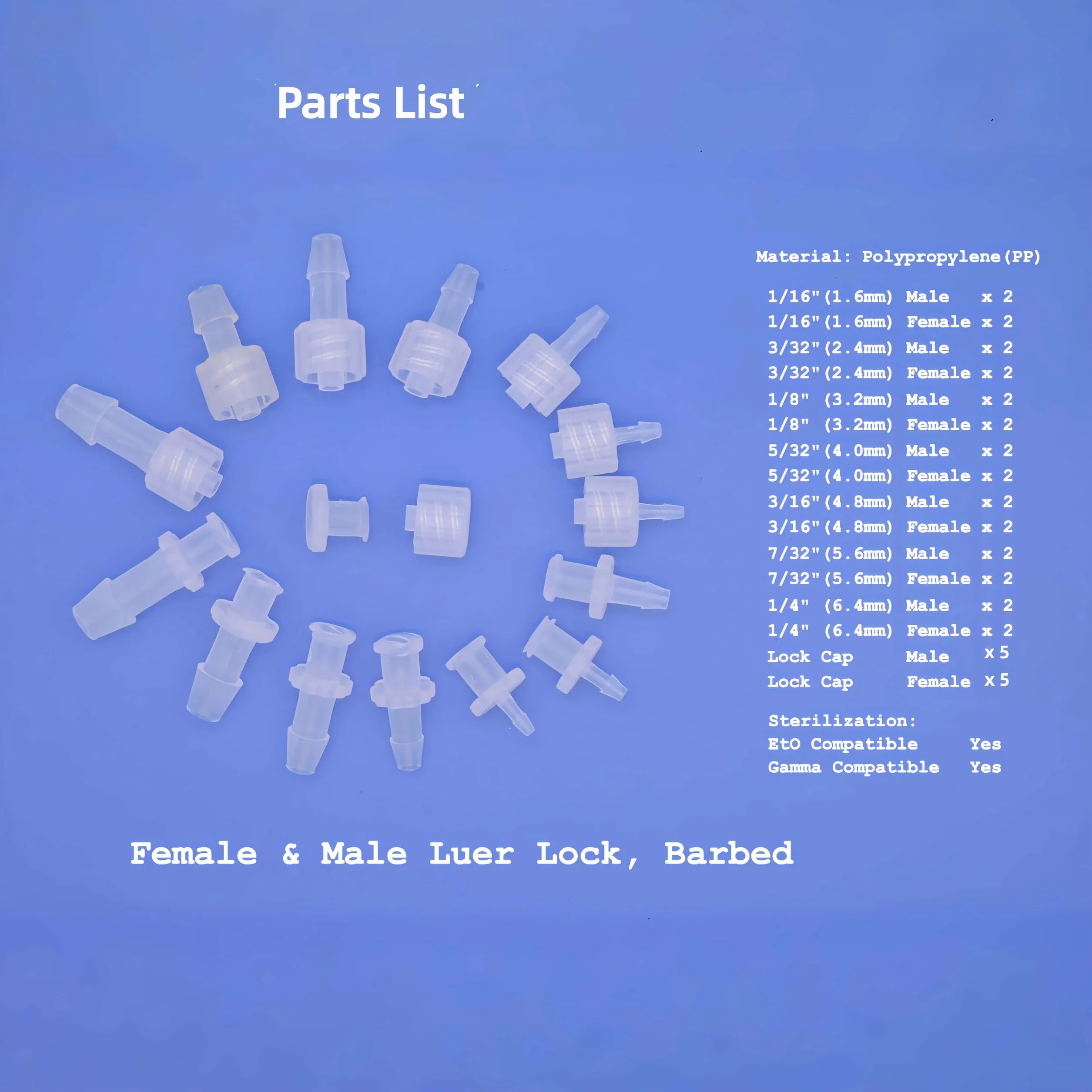 Kit adaptador Luer Lock de polipropileno (PP) para tubos, 38 piezas con conectores macho y hembra