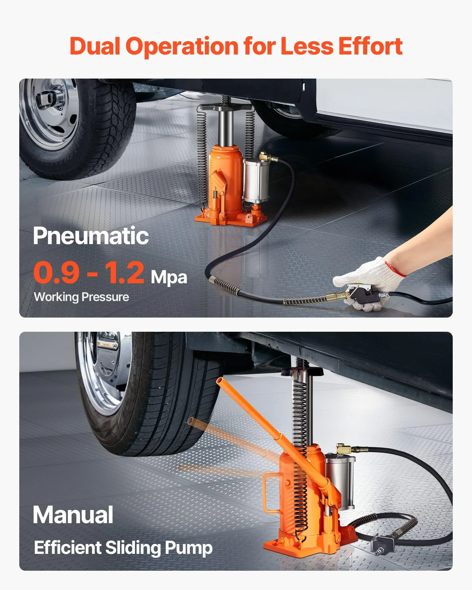 VEVOR Gato Neumático de Botella 20 T, Elevación 260-495 mm, Bomba para SUV y Camionetas, 235x155x260 mm, Naranja