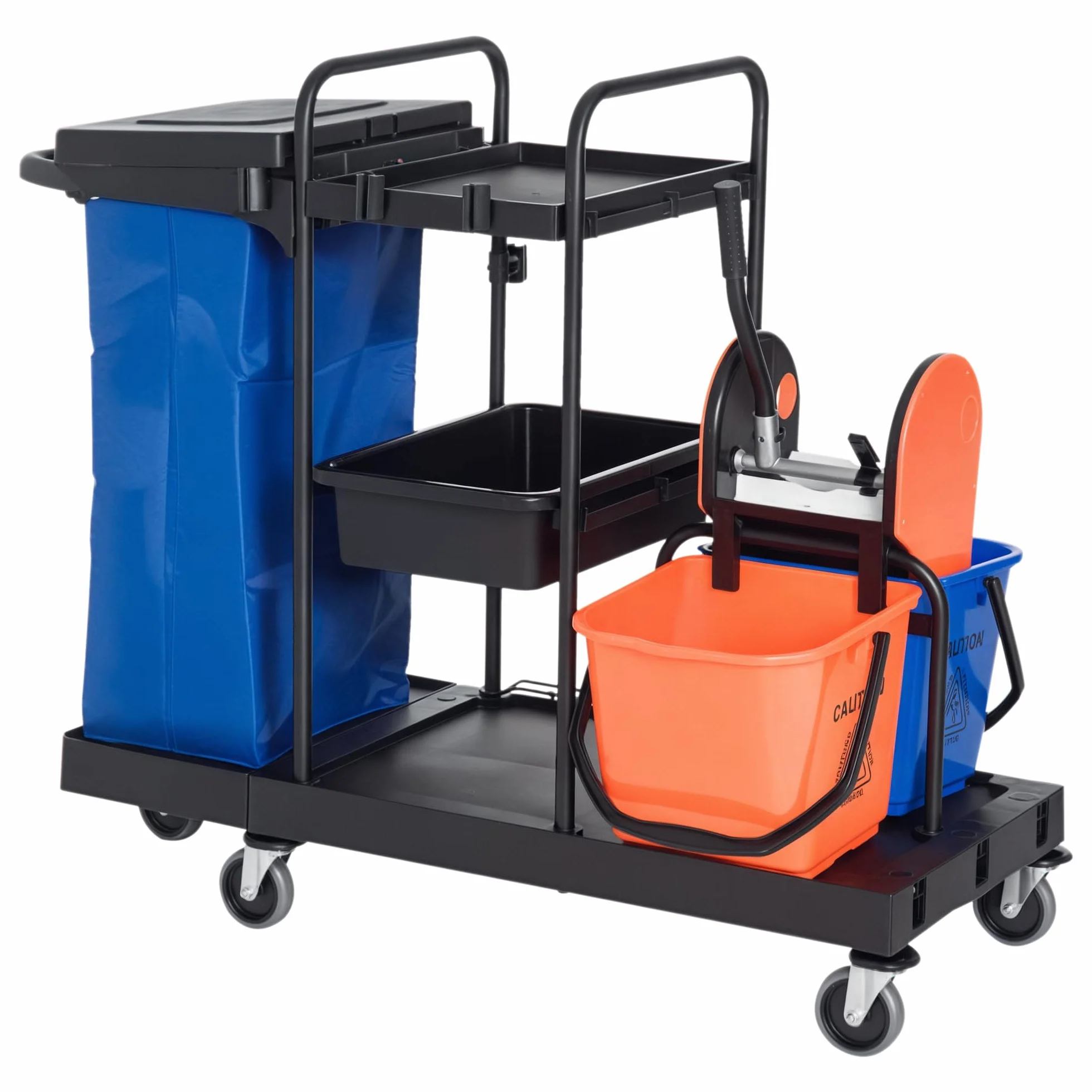 HOMCOM Carro de Limpieza con Bolsa de Basura Carro de Servicio con Cubos de Fregar de 18L Escurridor de Prensa y Estantes para Hotel 111x63,3x103 cm Multicolor