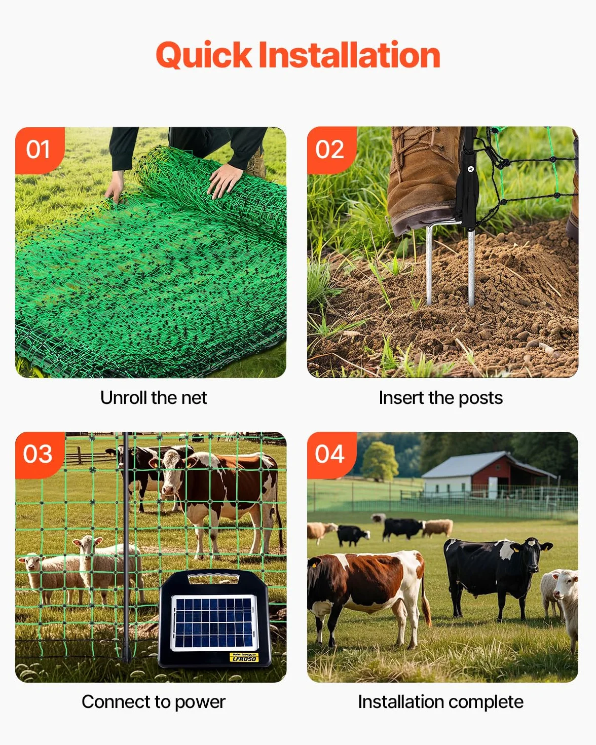 VEVOR Kit de red para cerca eléctrica cerca de red de PE 1,06 x 49,98 m con postes de estaca de doble púa malla utilitaria portátil para cabras, ovejas, corderos, ciervos, cerdos, perros, granjas