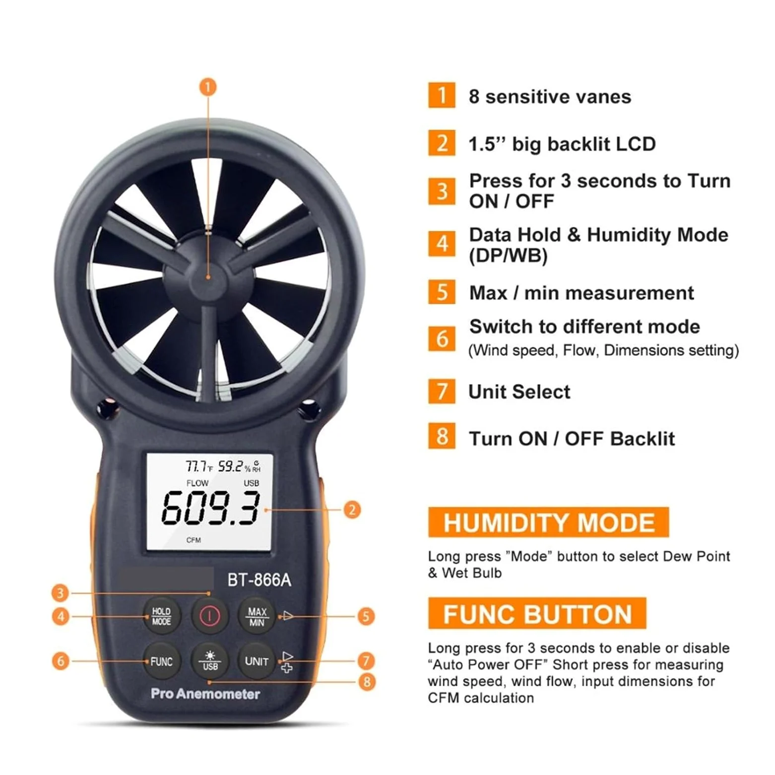 Anemómetros, Anemómetro digital portátil con medidor de CFM y conexión USB. Medidor de flujo de aire que mide la temperatura y velocidad del viento.