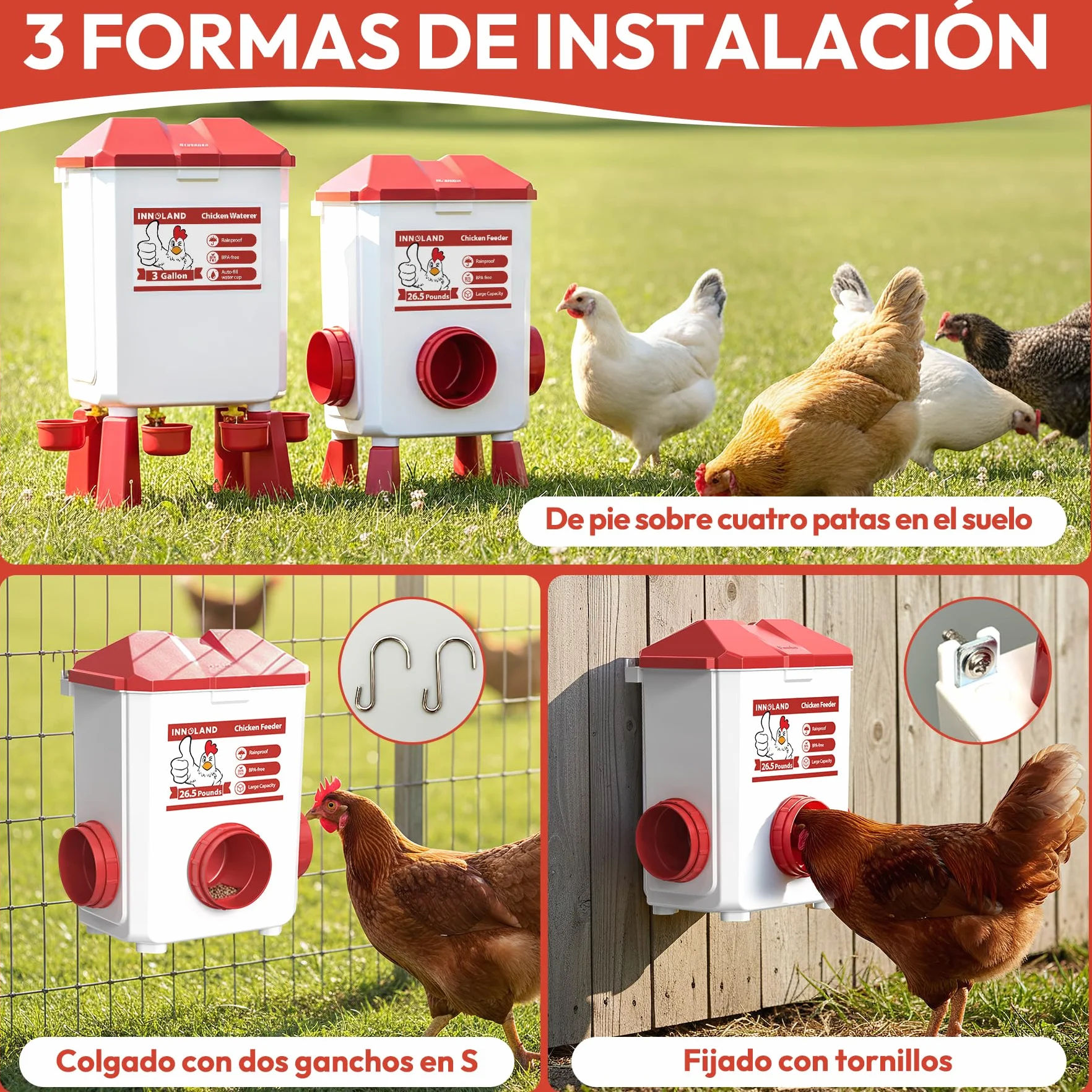 Comedero y Bebedero Automático para Gallinas 12KG 11L Anti Ratas 4 Comederos 3 Puertos Alimentación Alta Capacidad