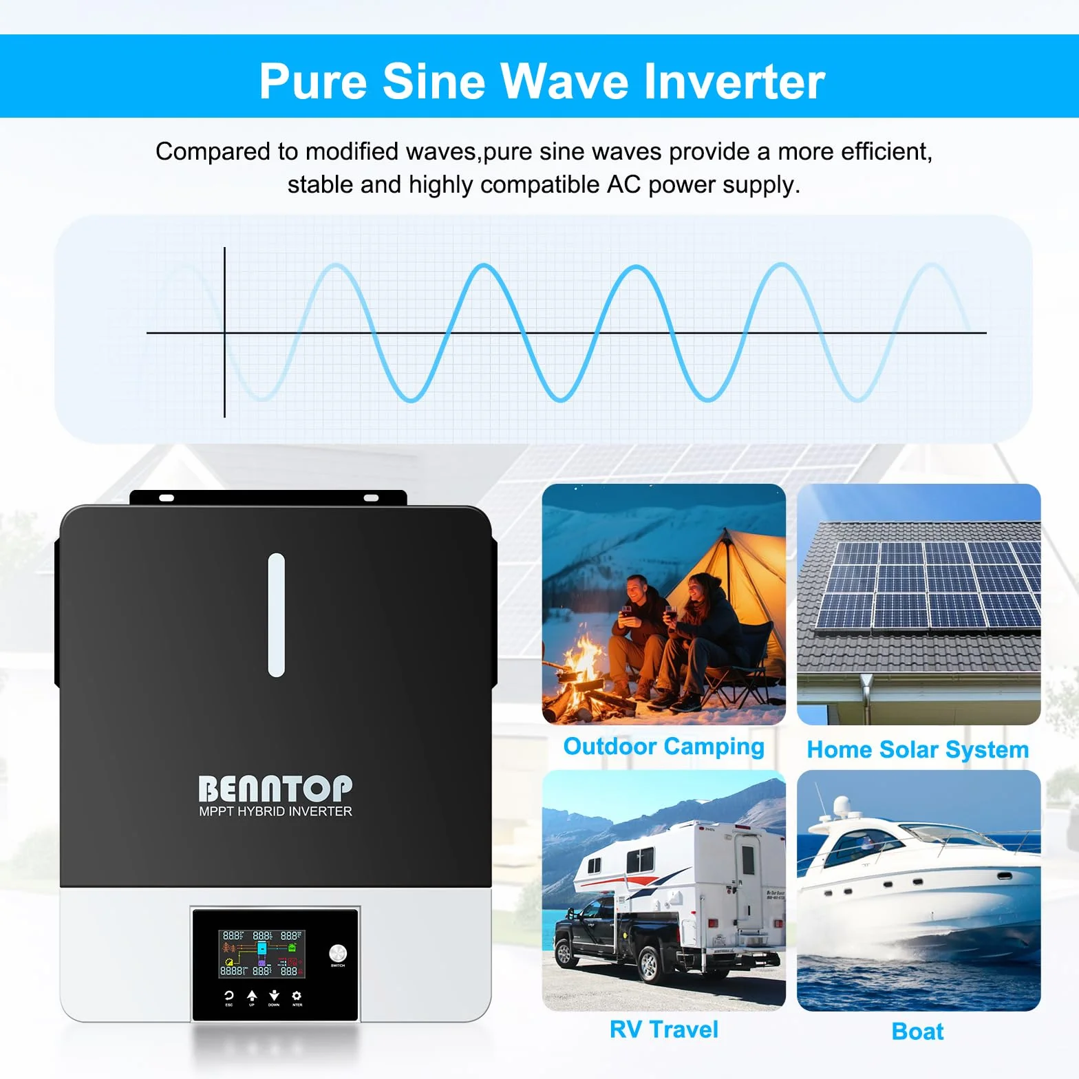 inversor híbrido Puro sinusoidal 3600W 24V DC a 220/230V AC Cargador Solar MAX.PV 500V con 120A MPPT, Adecuado para RV, casa, Camping