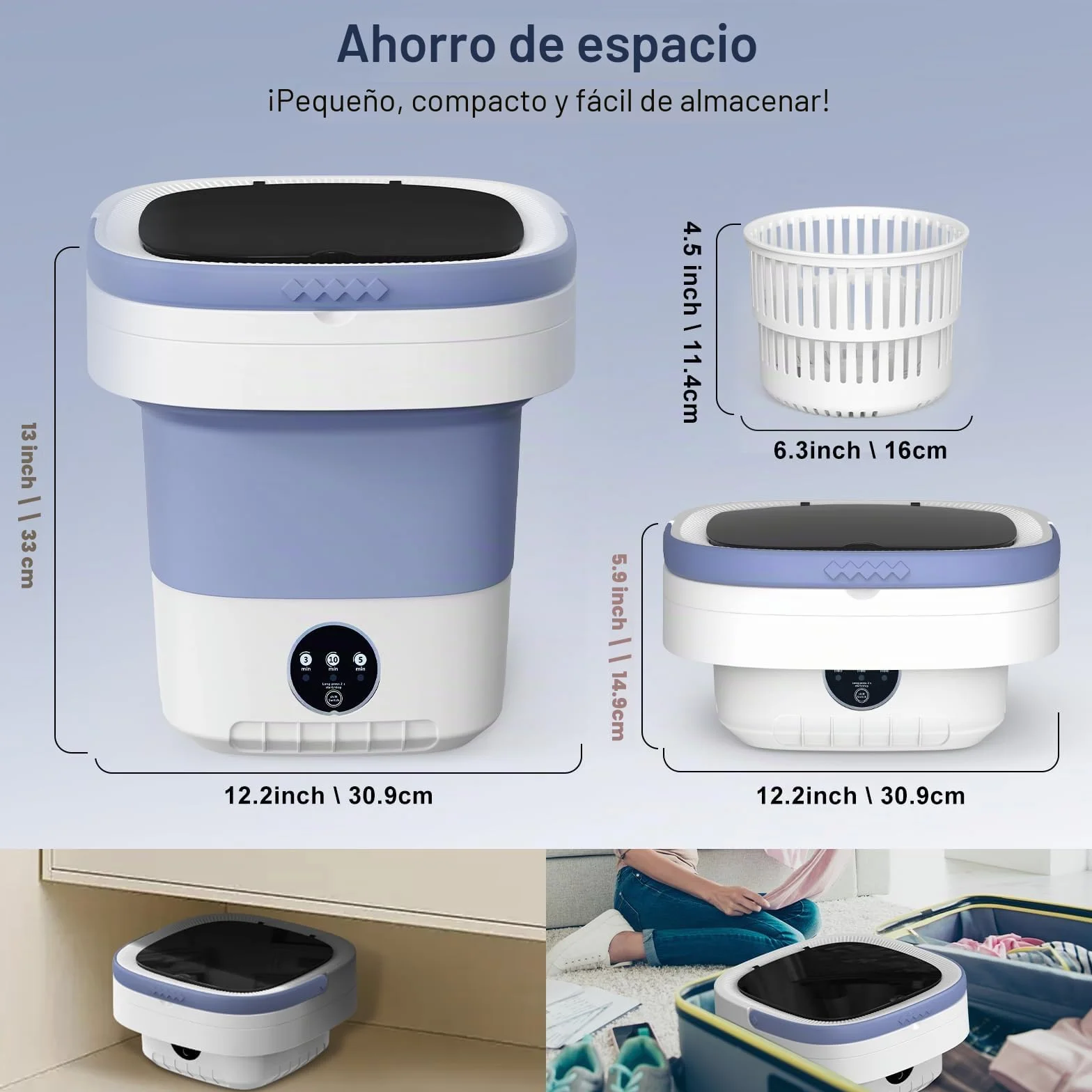Lavadora Portátil 12L Mini Lavadora Pequeña con Centrifugado y 3 Modos de Limpieza, Plegable para Apartamentos (Púrpura)
