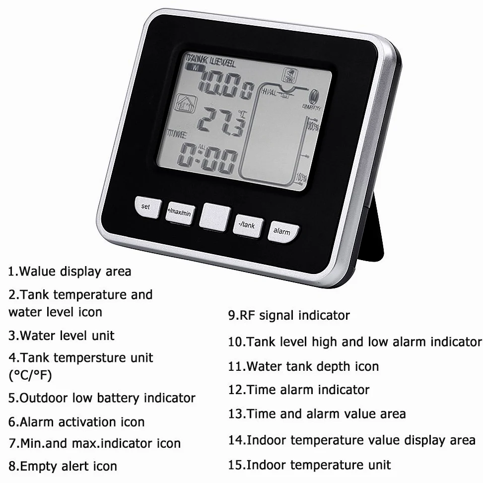 Transmisor del Sensor de Nivel de Agua, Tanque de Agua Conjunto de sensores de temperatura del Agua con Unidad de Transmisor de Pantalla LCD con Sensor Ultrasónico y Sensor Térmico