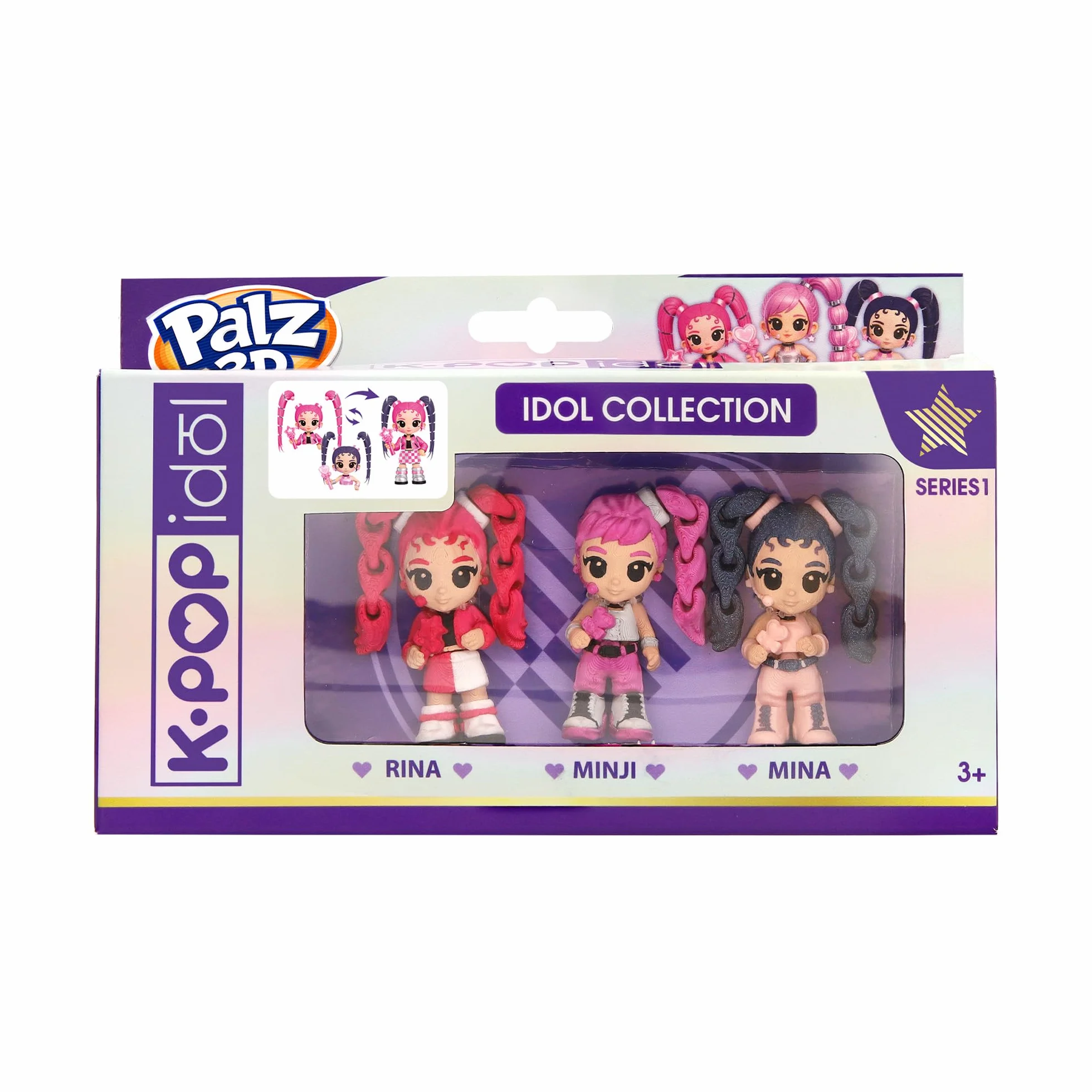 K-POP IDOL PALZ 3D Pack de 3 Figuras Coleccionables Articuladas Rina Minji Mina con Cabello Intercambiable