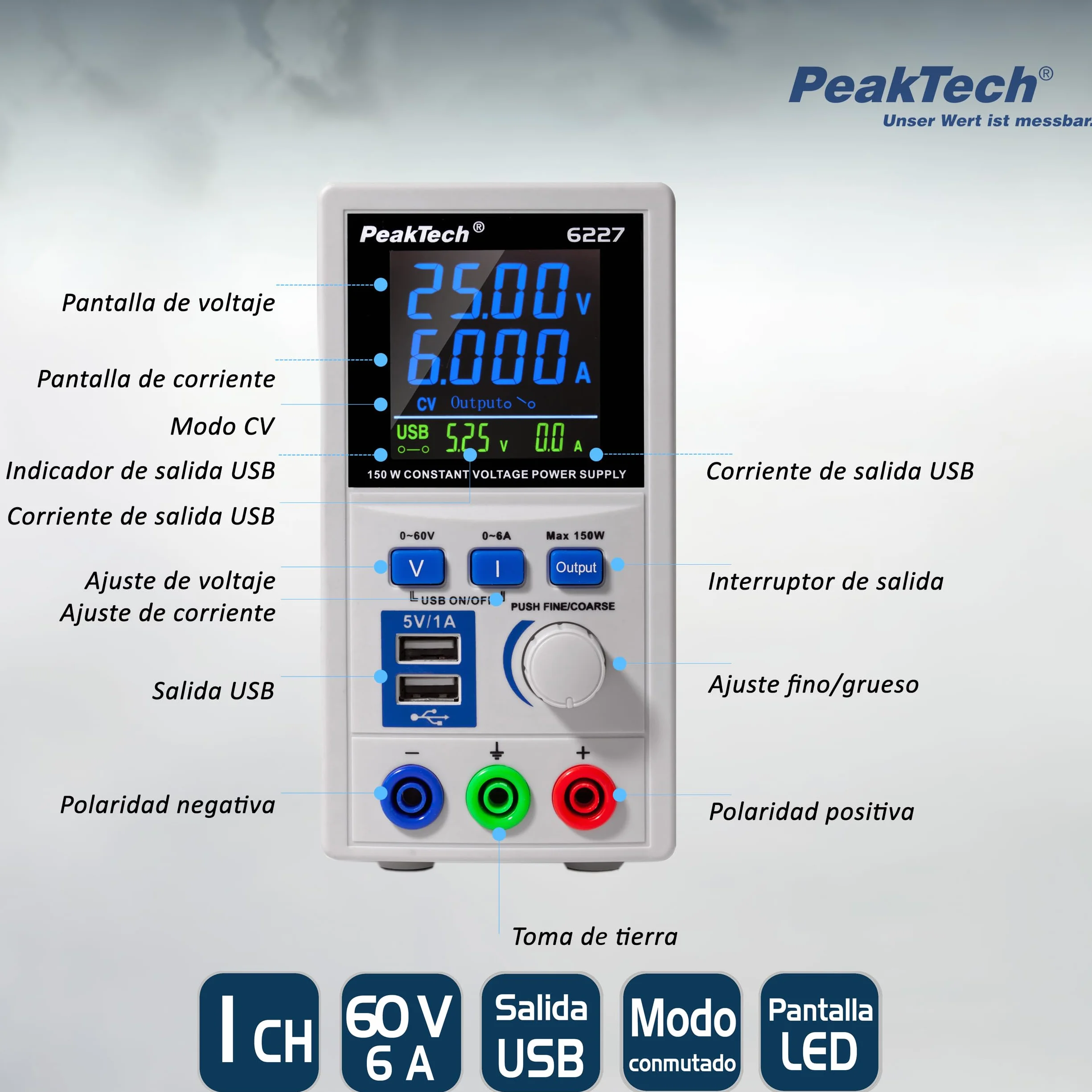 PeakTech P 6227 - DC switching power supply 0-60 V / 0-6 A with color LCD & 2 x USB