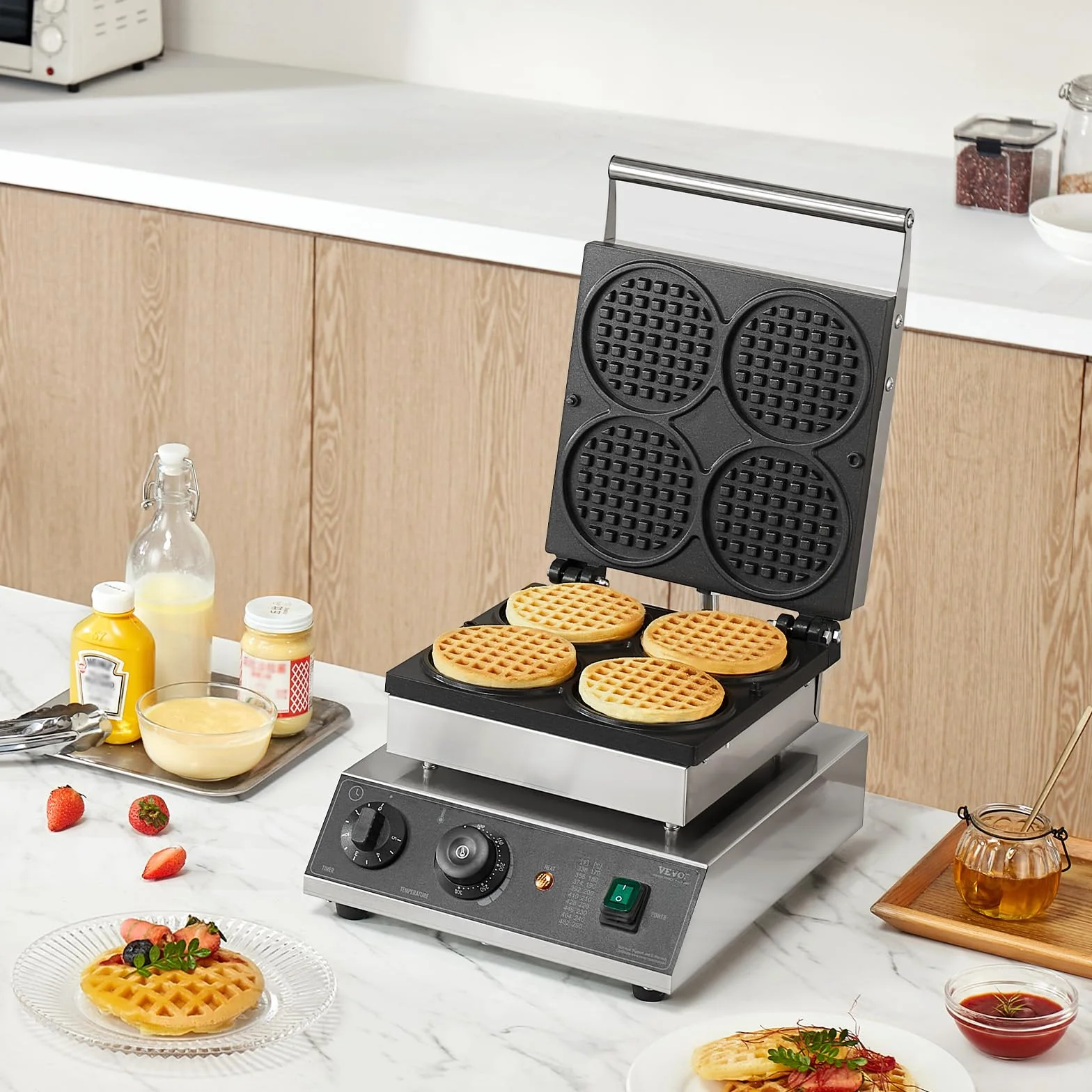 VEVOR Máquina para Hacer Gofres Comerciales, 4 Piezas, Acero Inoxidable Antiadherente de 1750 W con Control de Temperatura y Tiempo, para Restaurantes, Panaderías, Bares y Familias, 300 x 405 x 245 mm