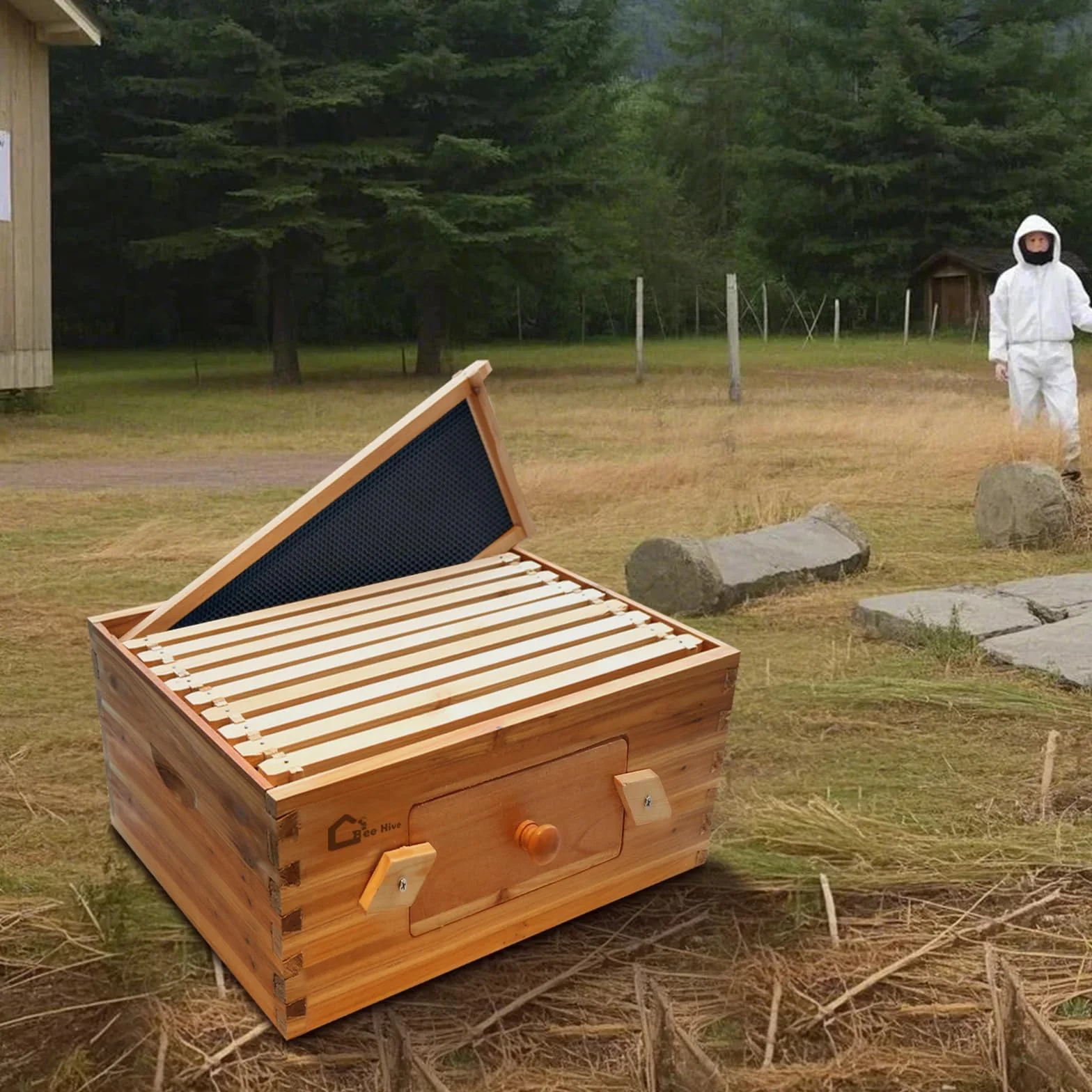 Juego de iniciación de colmena, caja de almacenamiento con 10 panales profundos, botín de madera maciza con marco de madera y base encerada, caja de colmenas, suministros sostenibles para apicultura