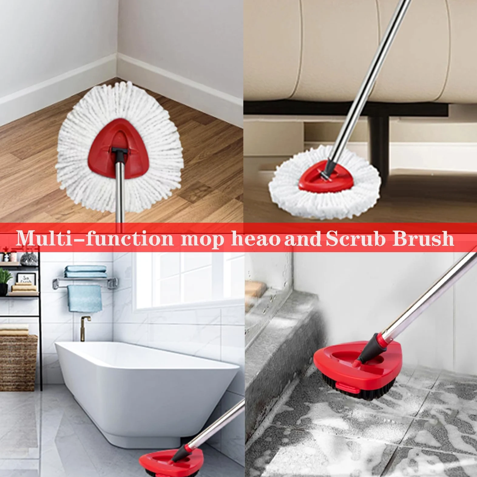 Cabezal de repuesto para fregona giratoria compatible con O Cedar EasyWring Spin Mop - 4 recambios de fregona O-Ceda, mango de fregona de 30-58 pulgadas, 1 base de fregona y 1 juego de cepillo para
