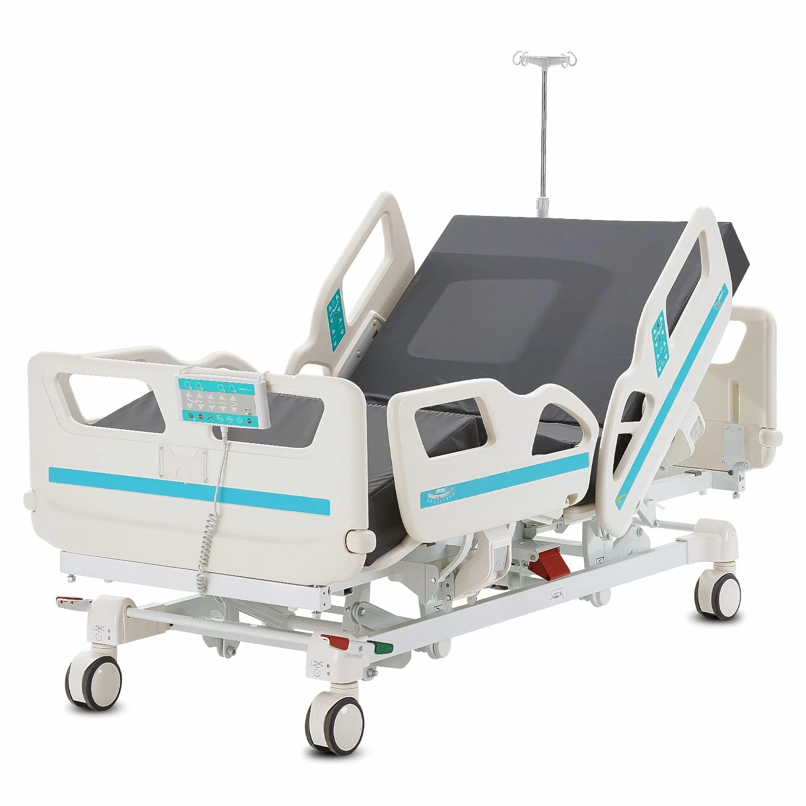 VEVOR Cama de Hospital Eléctrica de 5 Funciones de Primera Calidad para UCI con Posición de Silla Cardíaca, Trendelenburg y el Inverso, Ruedas de Bloqueo, 2085 x 1025 x 455-745 mm, Blanco y Azul