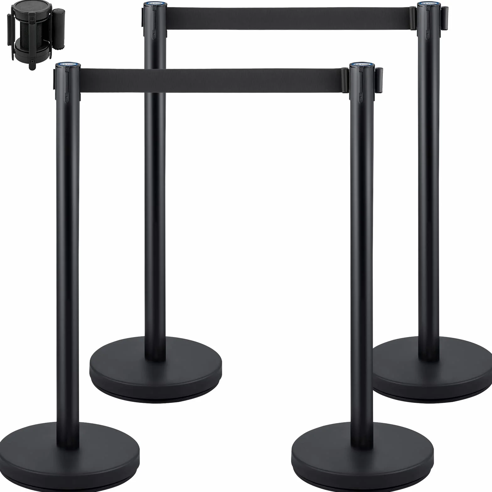 VEVOR Postes Separadores 4 piezas 90 cm Negros Poste Separador con Cinta Extensible 2 m Conexión 4 Vías 22 kg Postes de Barrera Control Multitudes Retráctiles Base Estable