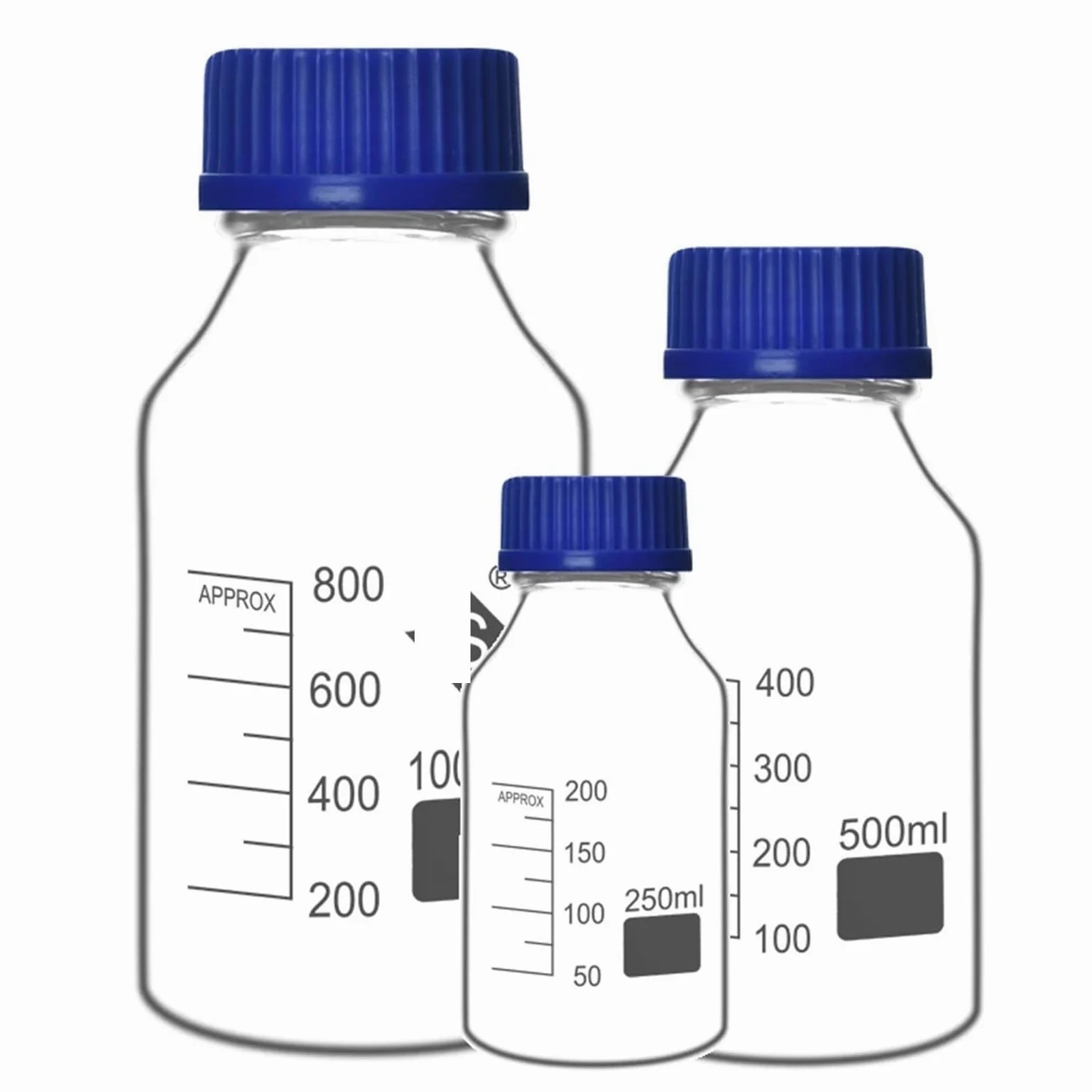 Frasco de vidrio para reactivos de laboratorio, Frascos de reactivo graduados de vidrio con tapa azul sellados en laboratorio 50-500 ml(500ml-2pcs)