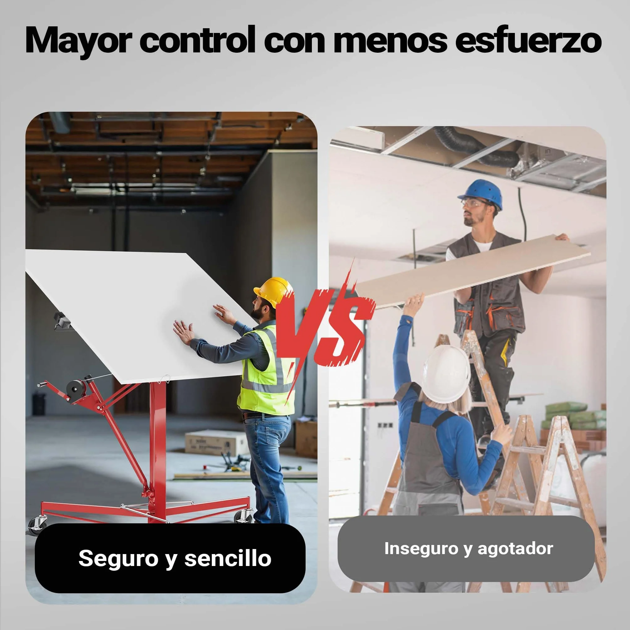 Wiltec Elevador de paneles de yeso XXL hasta máx. 68 kg, altura 140-350 cm, ancho máx. 2,90 m, ayuda de construcción en seco 3 ruedas con freno de posición manejo fácil por 1 persona