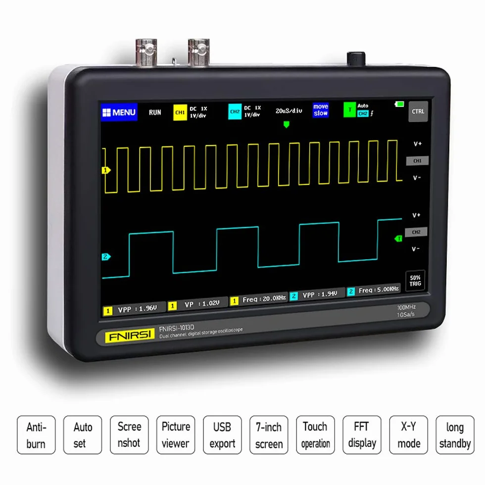 Osciloscopio Digital, VISLONE 1013D Osciloscopio 7"2 Canales 100 MHz de ancho de banda 1GSa / s frecuencia de muestreo, Pantalla TFT LCD, Batería de litio incorporada