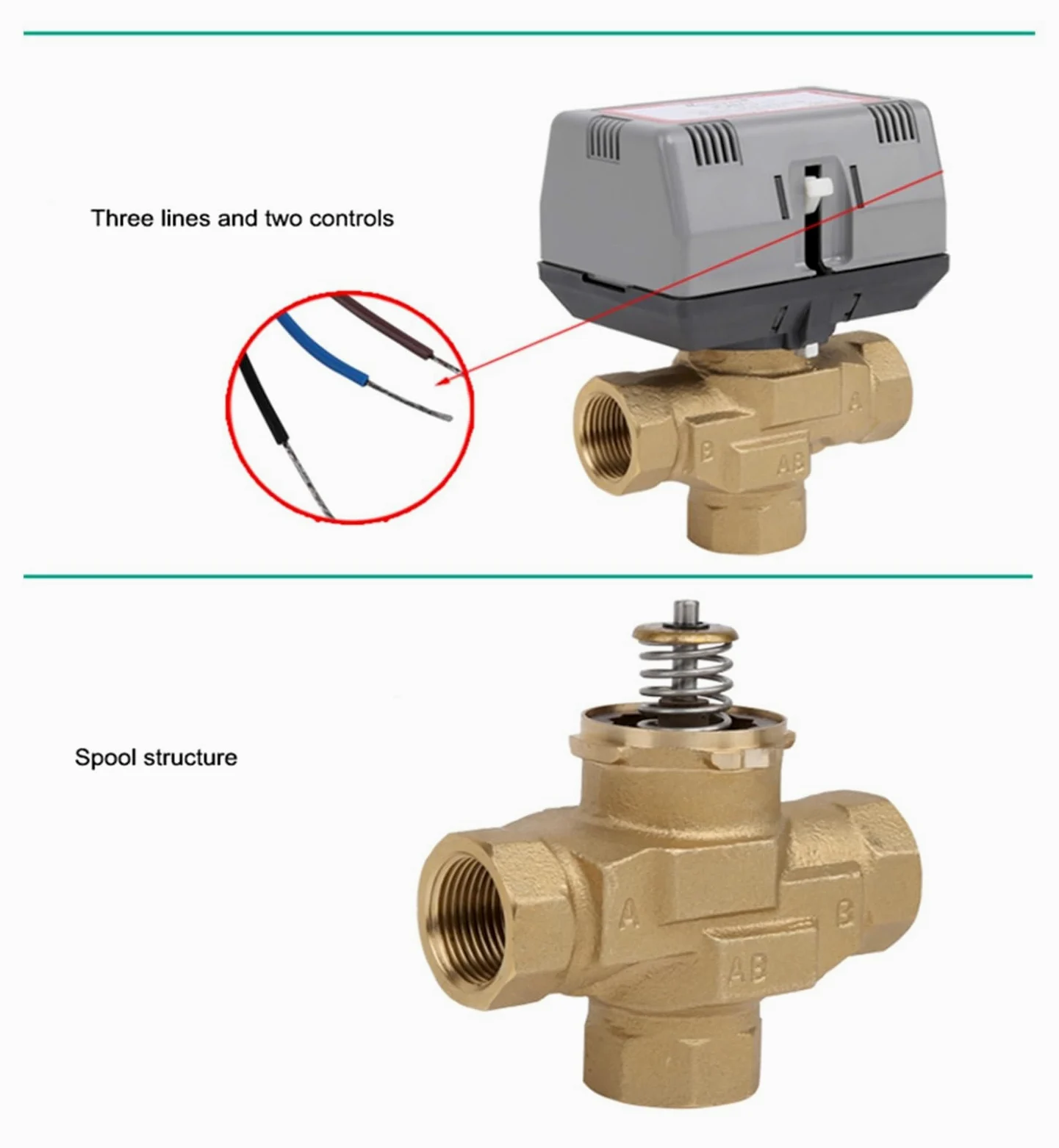 Válvula de control Válvula eléctrica de latón VC6013 de tres vías motorizada, válvula eléctrica AC, 1/2 ", 3/4", 1 ", para un control preciso(DN25)