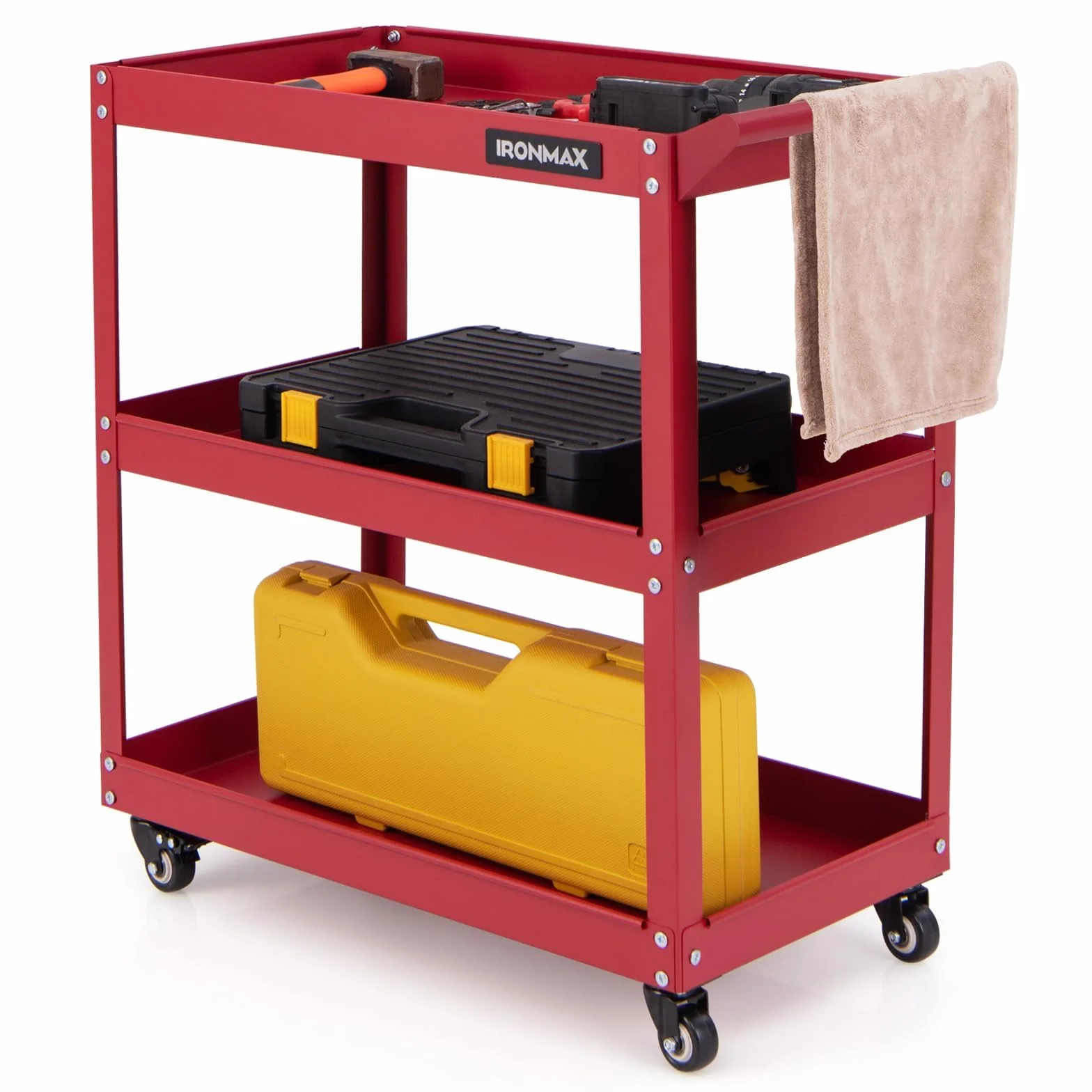 FANTASK Carro de Taller con Ruedas de 3 Niveles, Carro de Taller con 4 Ruedas universales y asa, Carro de Herramientas de Metal, Carro de Montaje, 120 kg, Carga para Garaje, hogar, almacén, 73 x 36 x