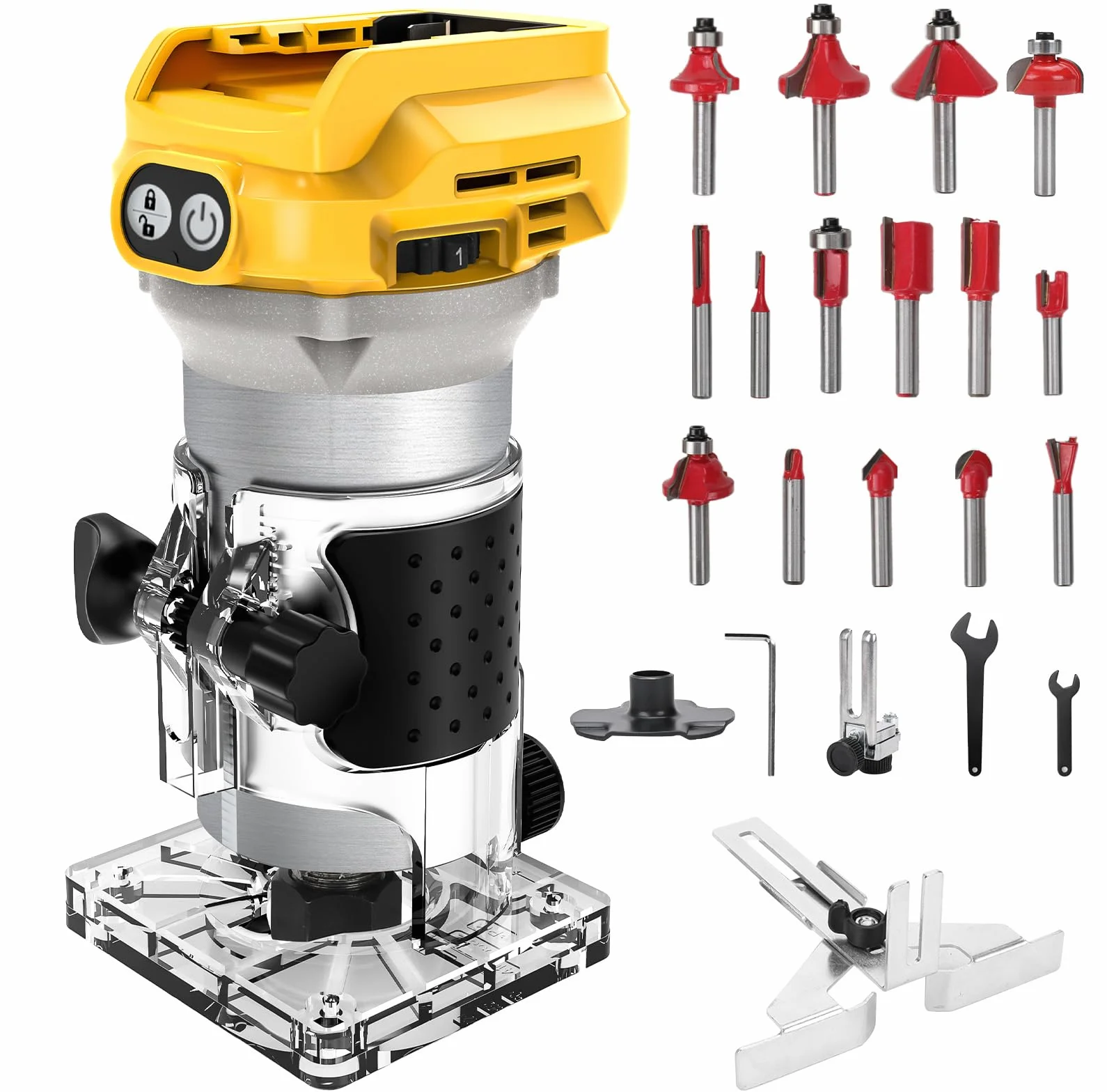 Enrutador inalámbrico, compatible con batería Dewalt, 20 V 800 W, fresa portátil sin escobillas para carpintería, carpintería inalámbrica, recortadora con 15 fresas de 1/4 de pulgada (sin batería)