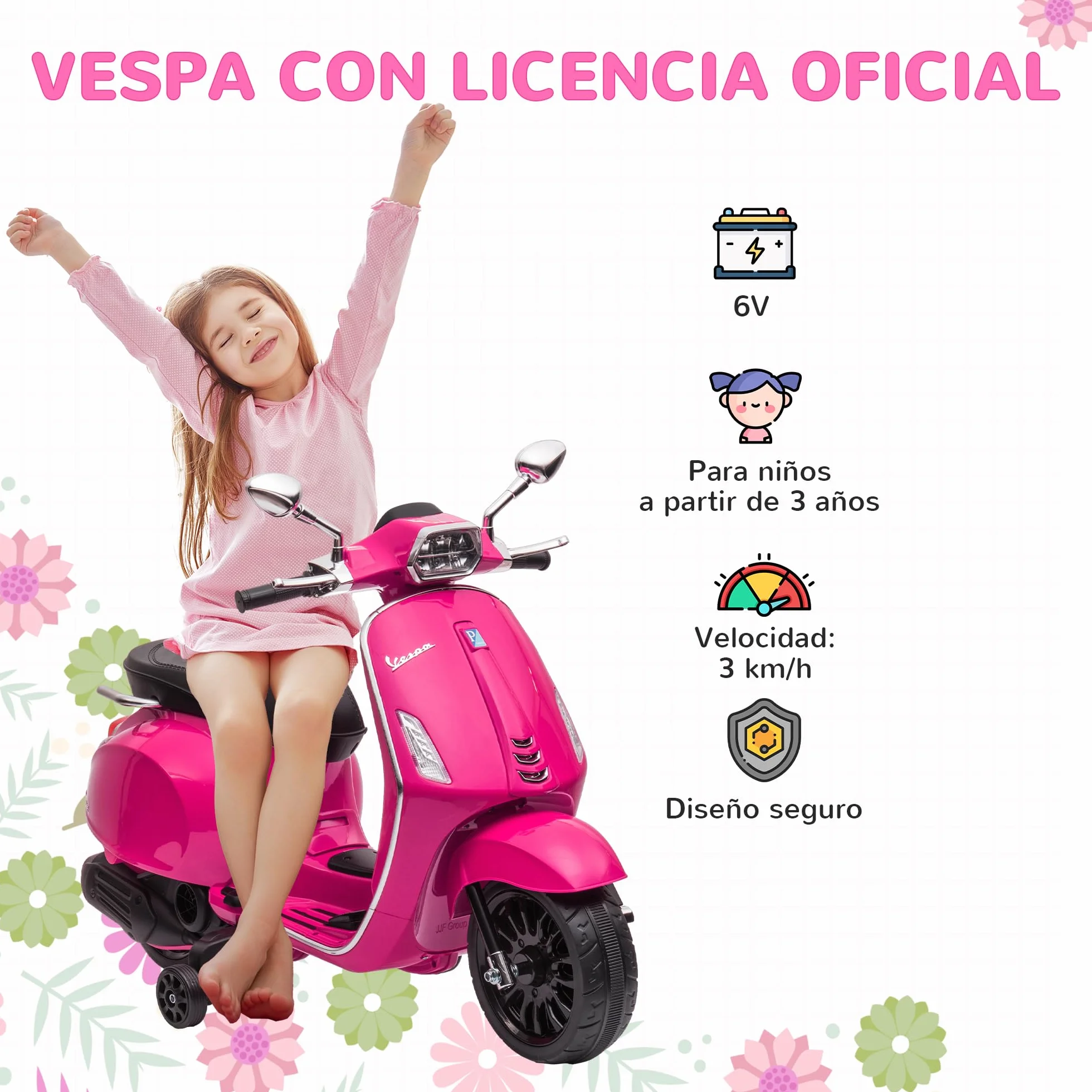 AIYAPLAY Vespa Moto Eléctrica para Niños 6V 3 km/h Carga 35 kg Rosa